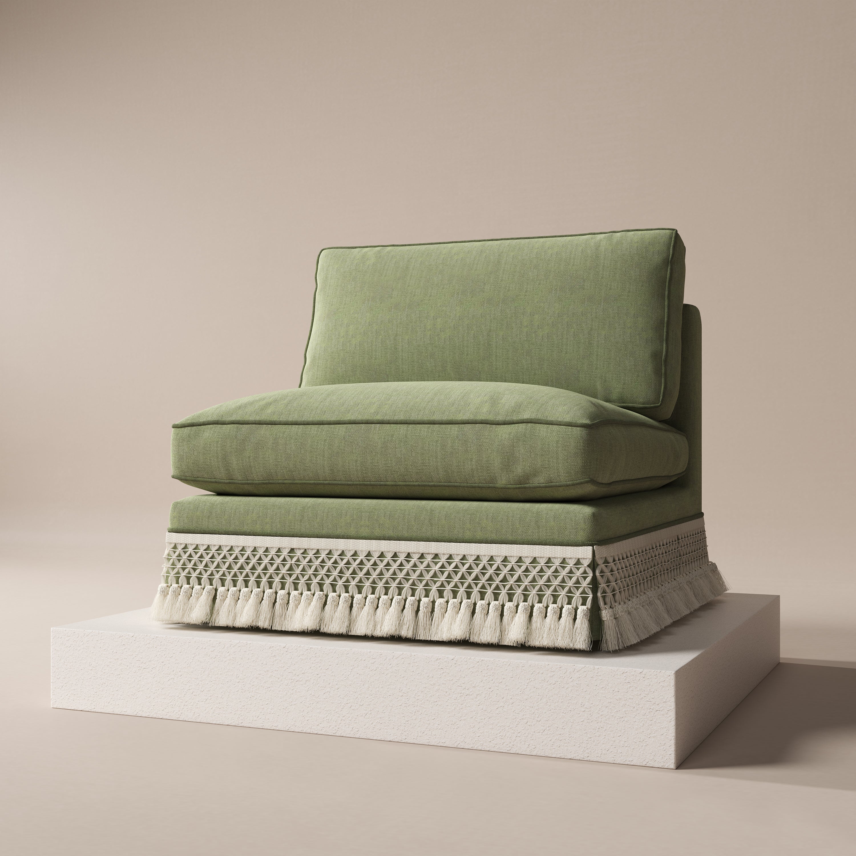 Armless Sofa with Fringed Trim and Removable Covers