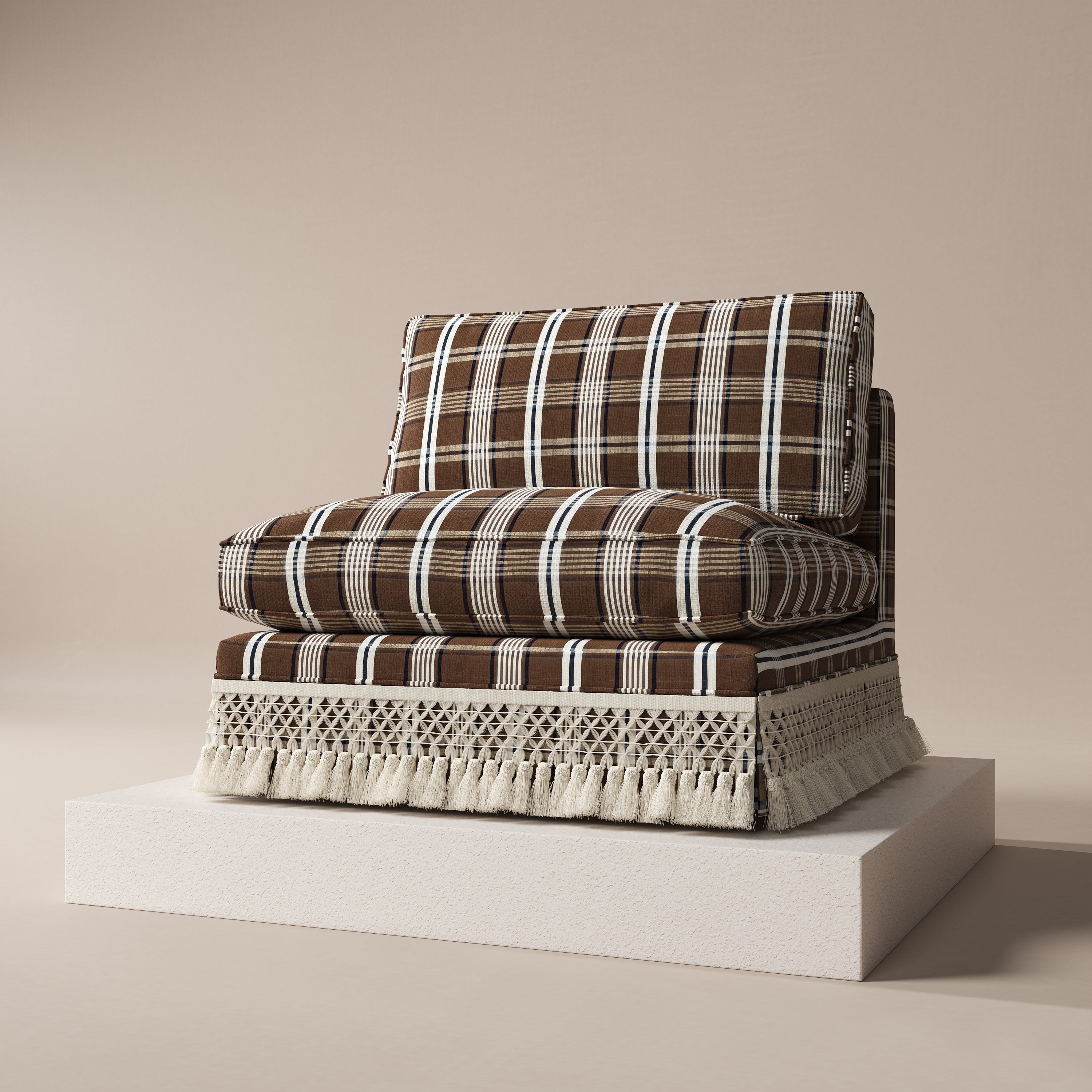 Armless Sofa with Fringed Trim and Removable Covers