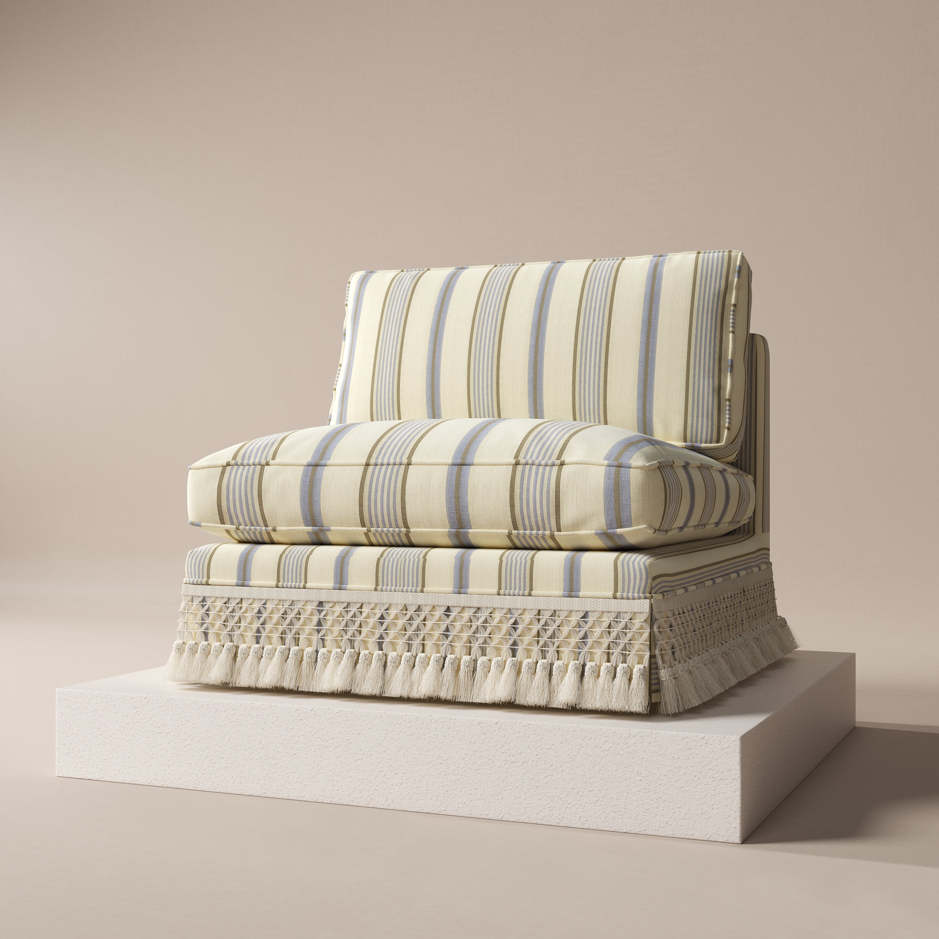 Armless Sofa with Fringed Trim and Removable Covers