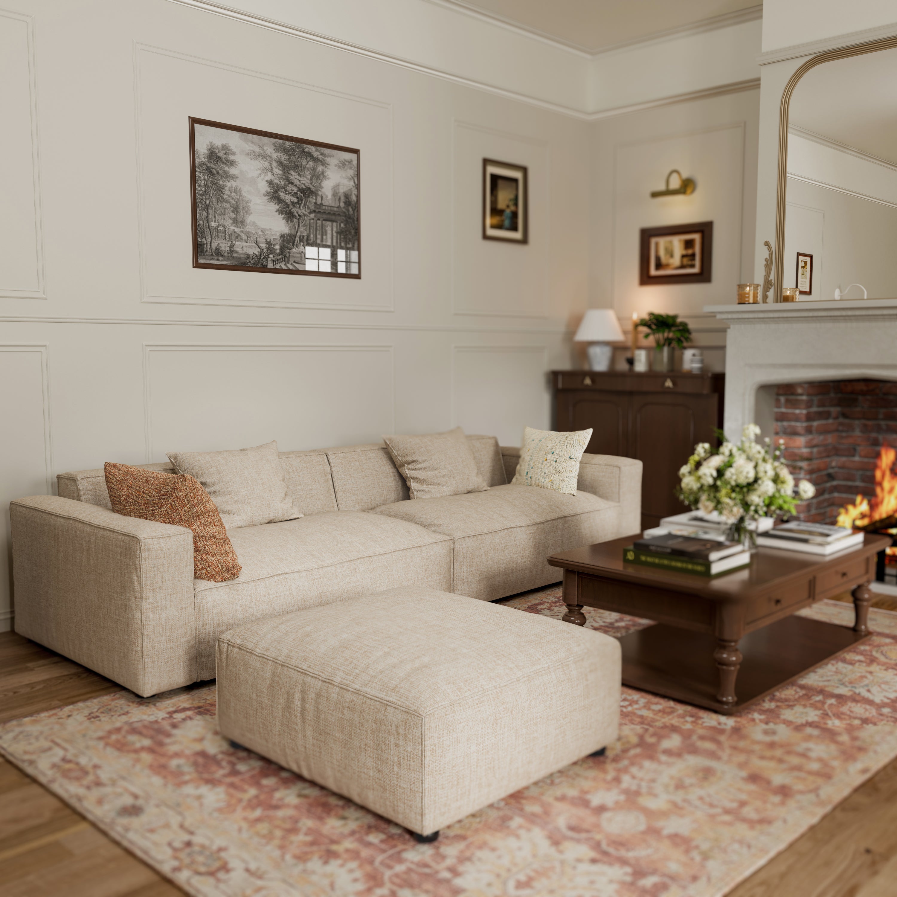 Elegant Tofu Block Linen Modular Cloud Sofa Down Filled Sectional