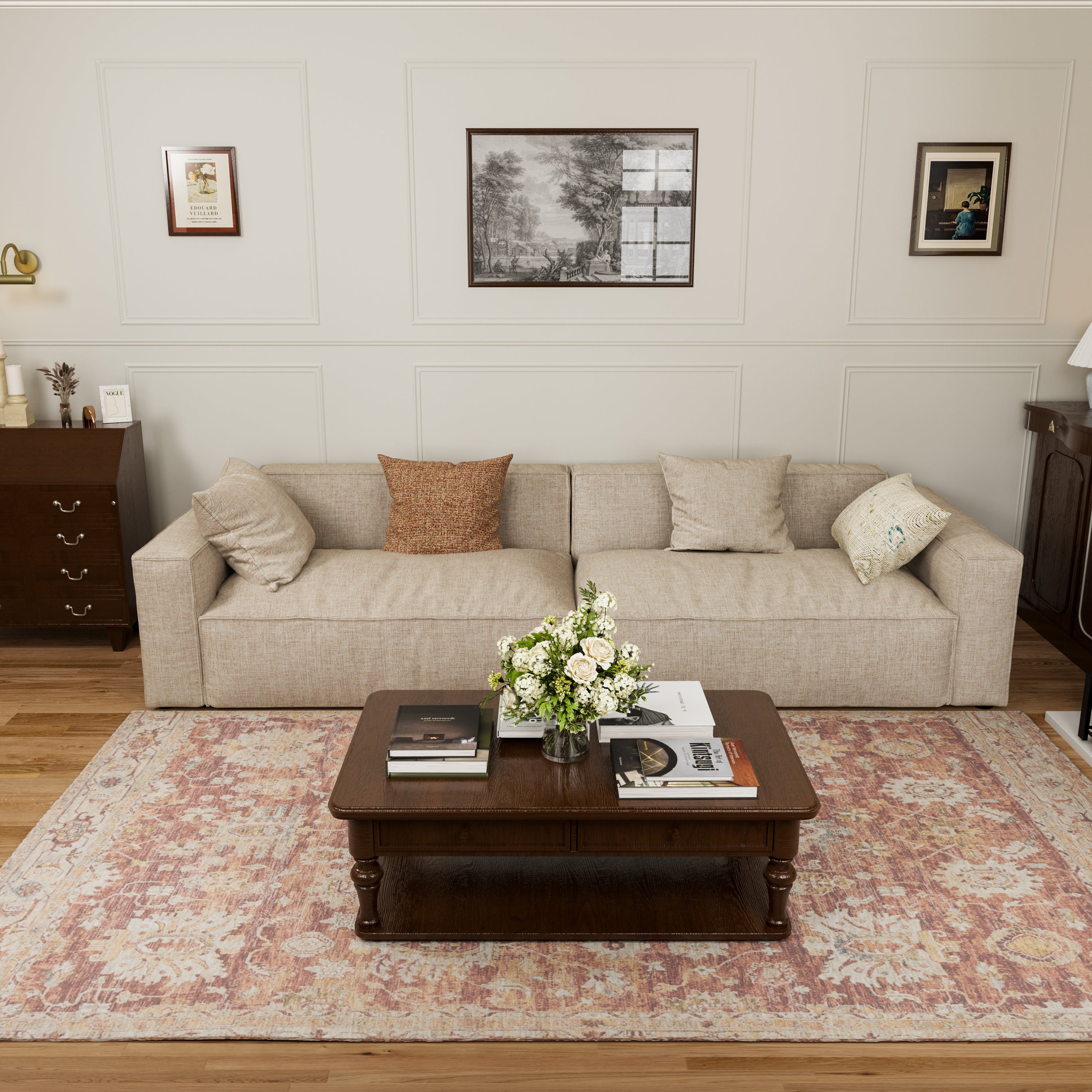 Elegant Tofu Block Linen Modular Cloud Sofa Down Filled Sectional