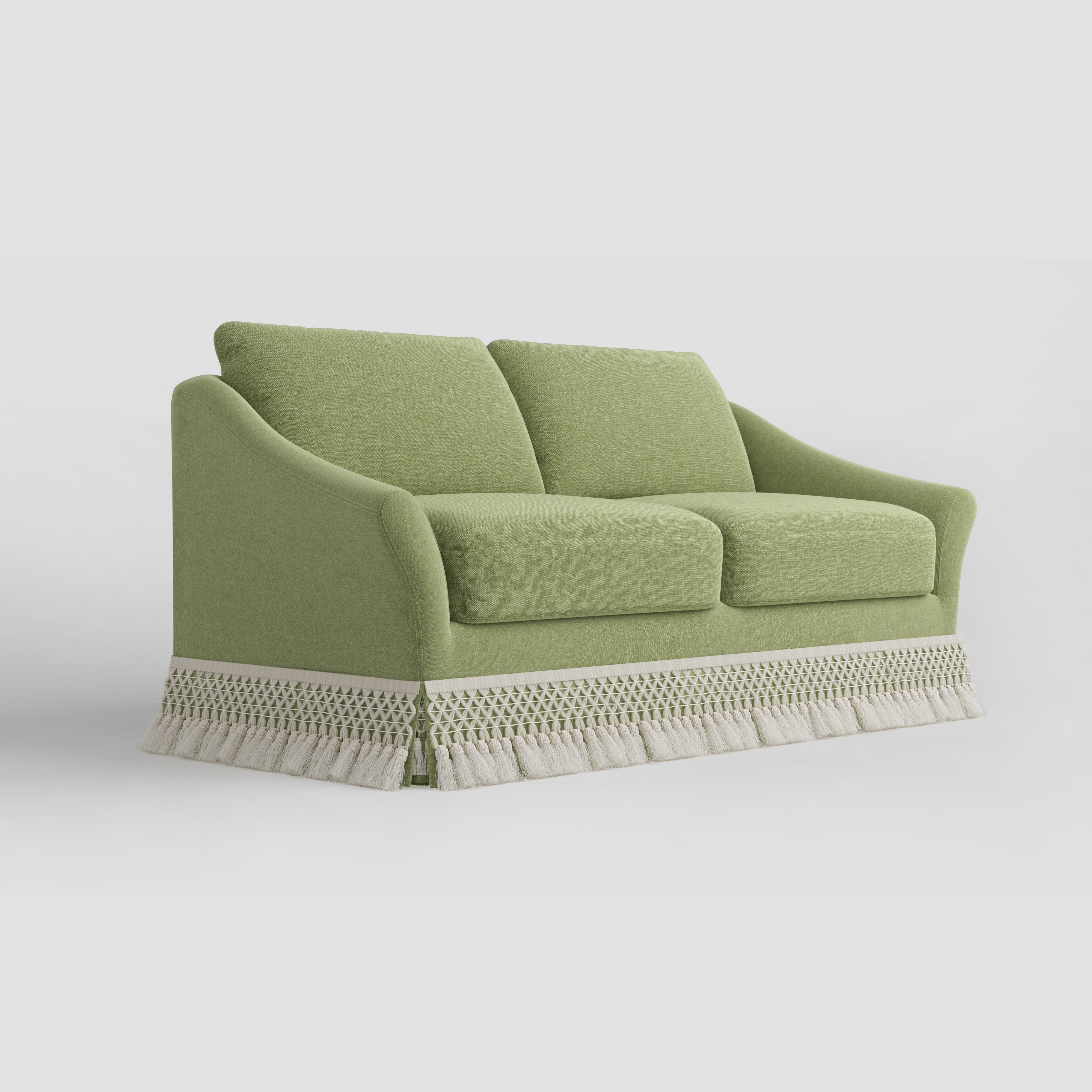 Curved Arm Sofa with Fringed Trim and Removable Cover