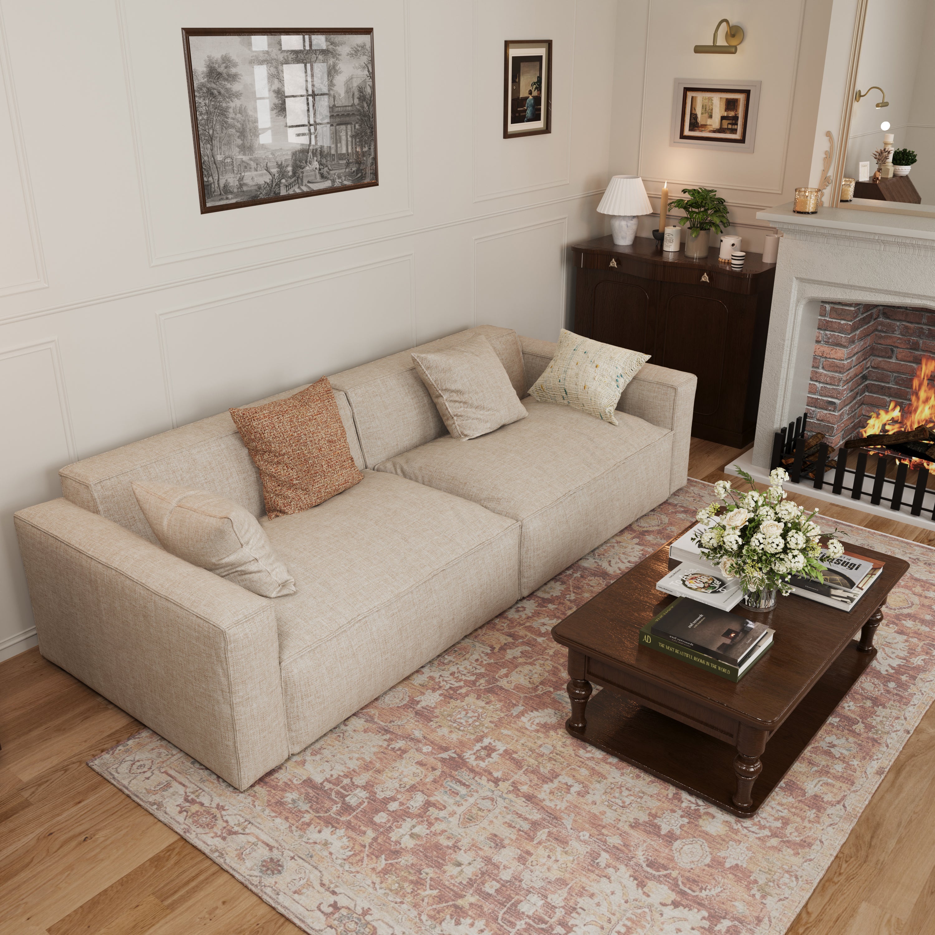 Elegant Tofu Block Linen Modular Cloud Sofa Down Filled Sectional