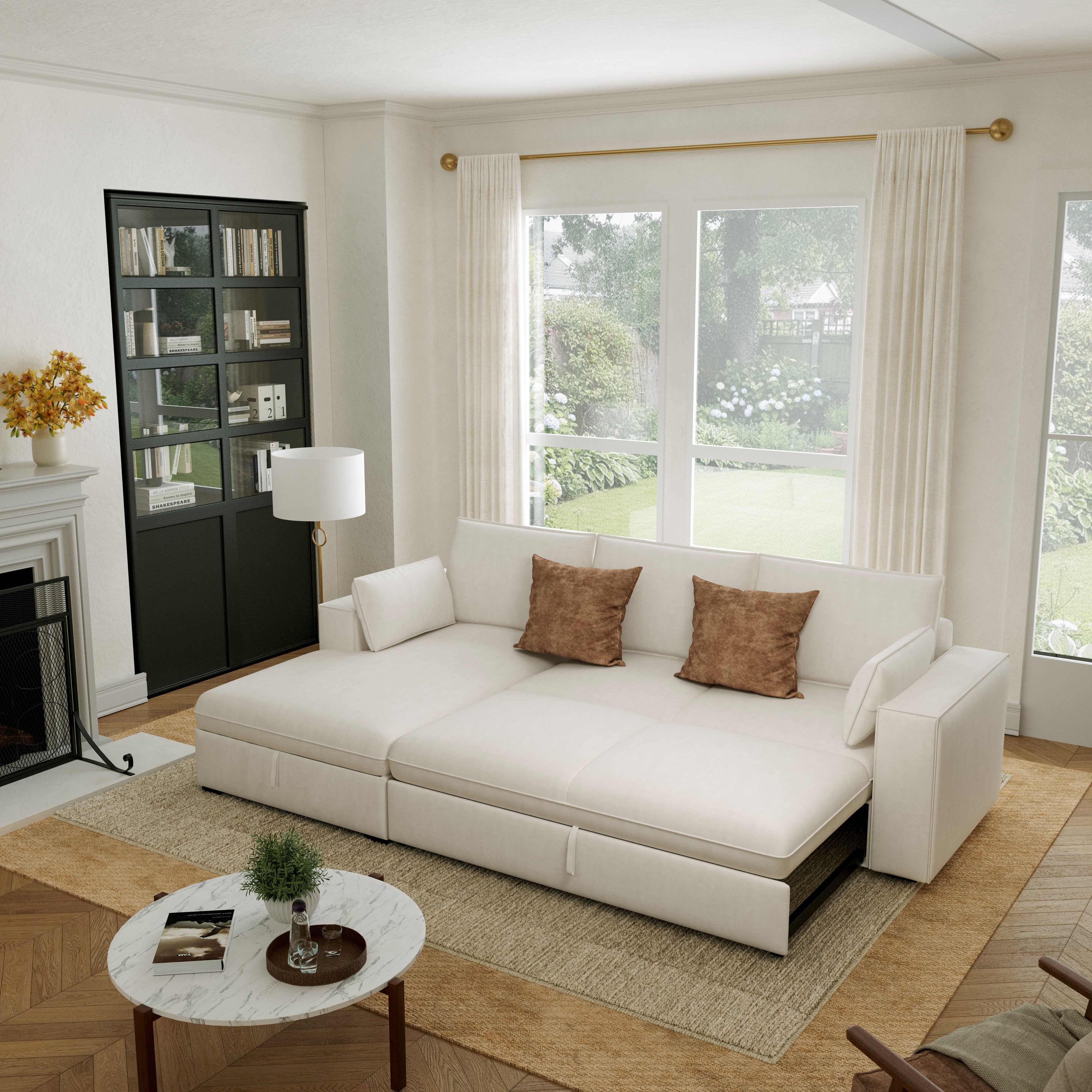 Cottonfy Creamy Tofu Block Pull Out Sofa Bed with Storage Guest Sleeper