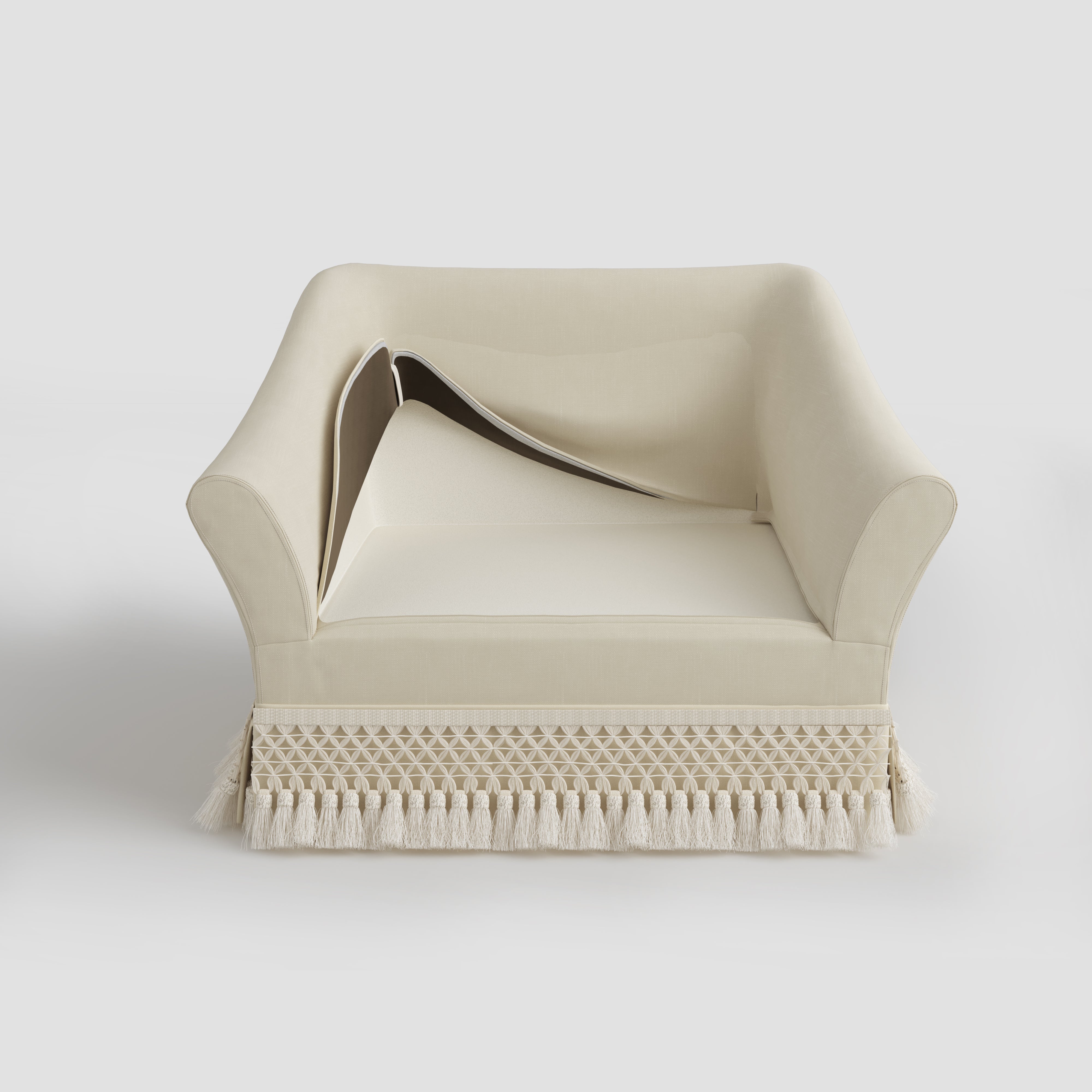 Curved Arm Sofa with Fringed Trim and Removable Cover