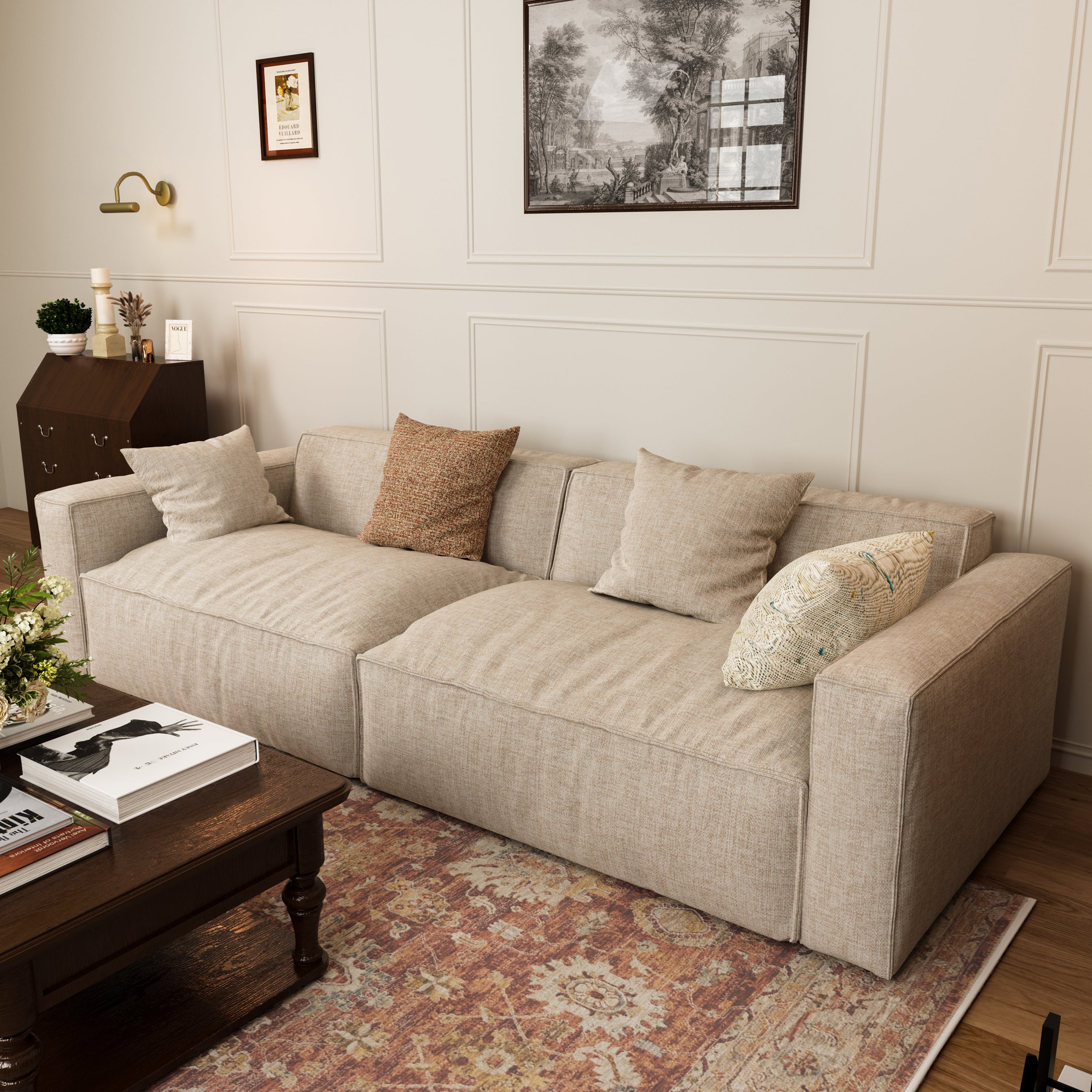 Elegant Tofu Block Linen Modular Cloud Sofa Down Filled Sectional