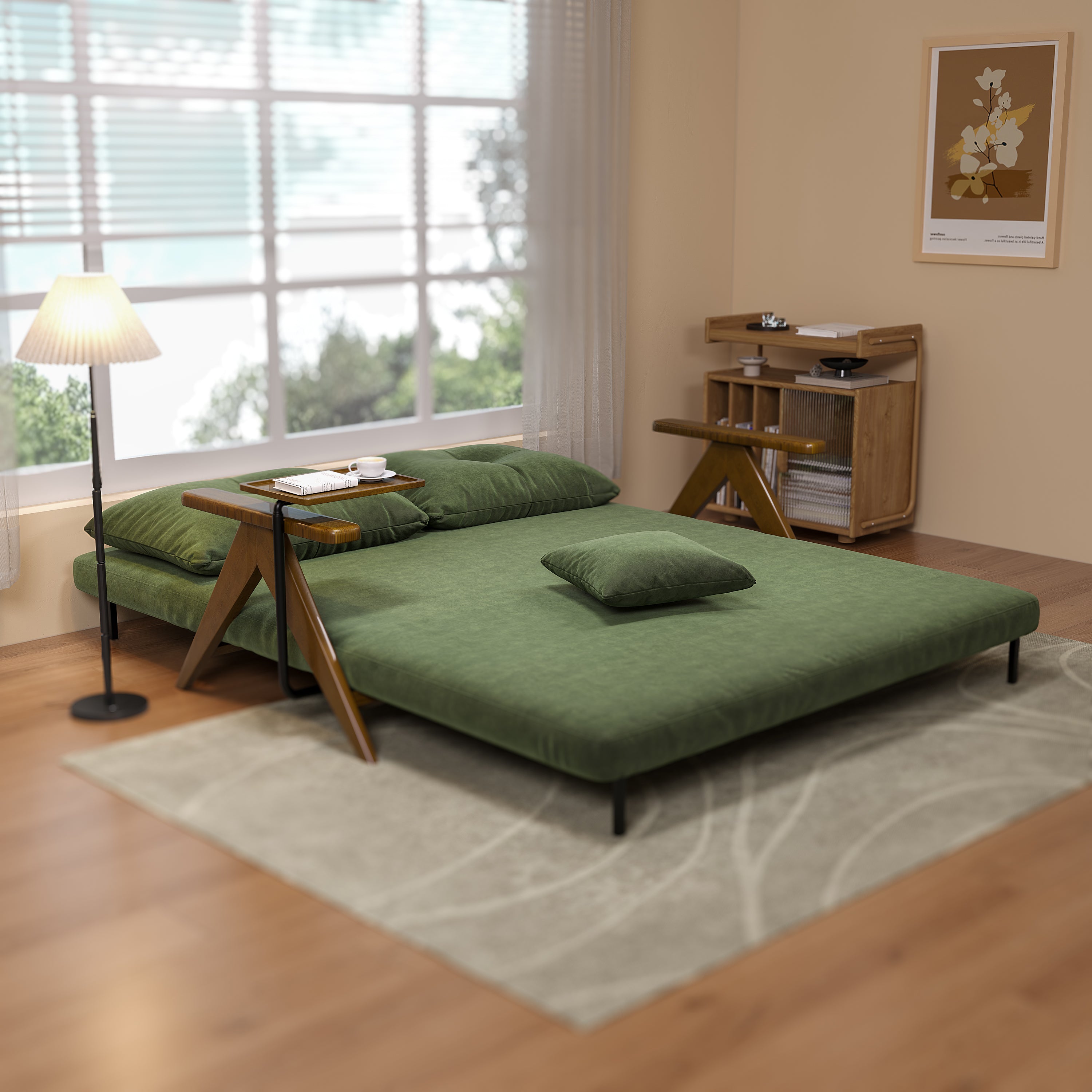 Foldable Matte Fabric Solid Wood 3 Mode Sofa Bed