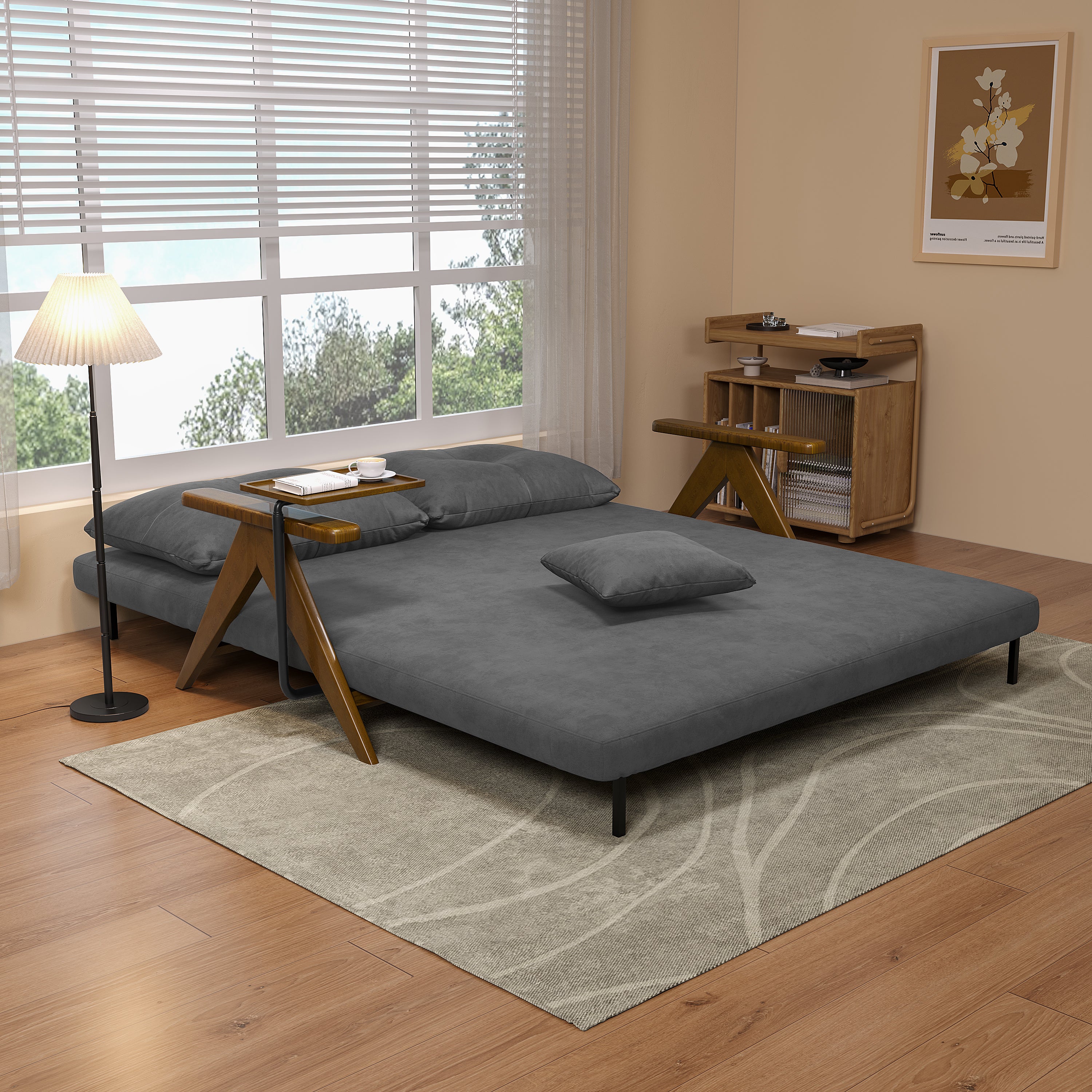 Foldable Matte Fabric Solid Wood 3 Mode Sofa Bed