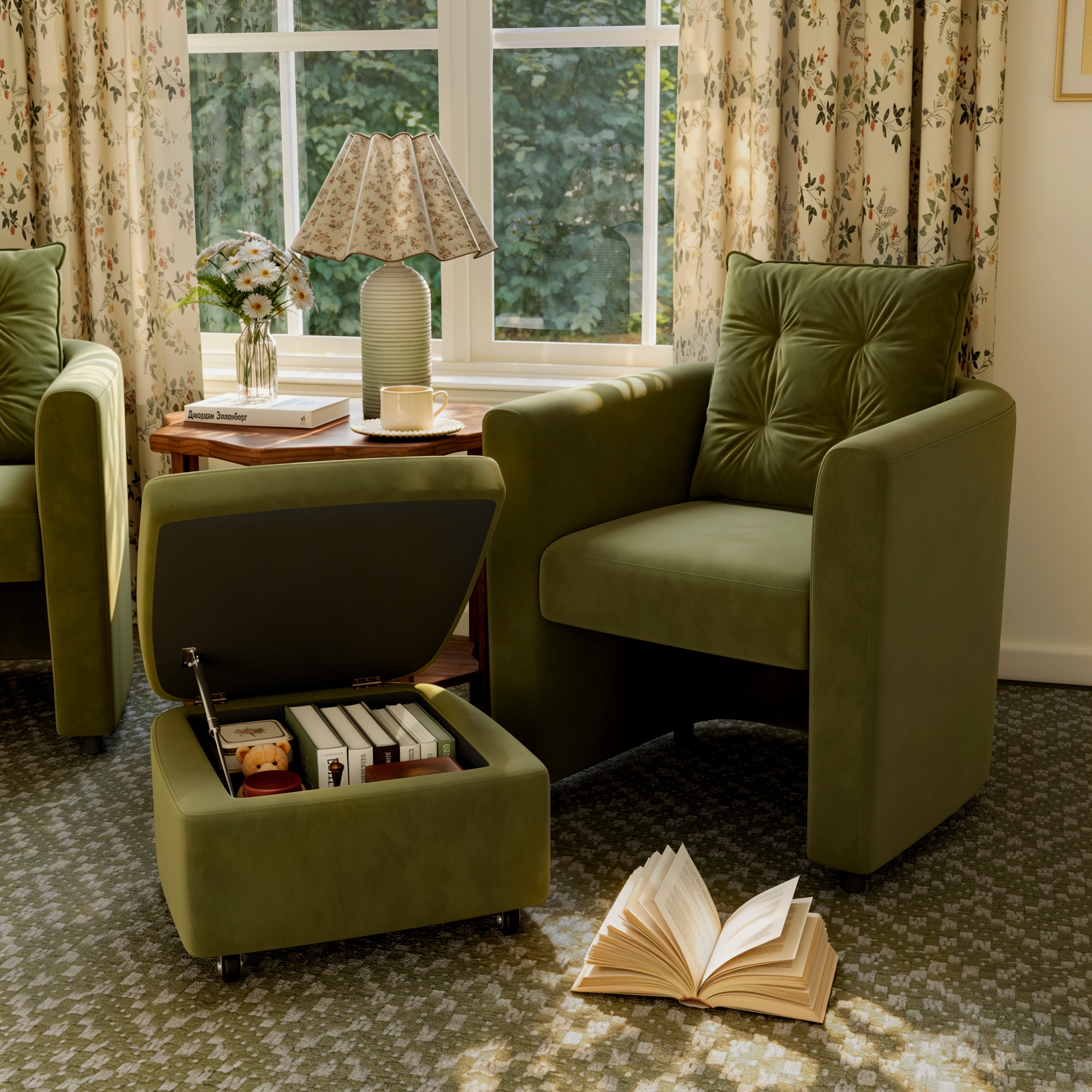 Green Velvet Snuggler Chair with Hidden Storage Footstool
