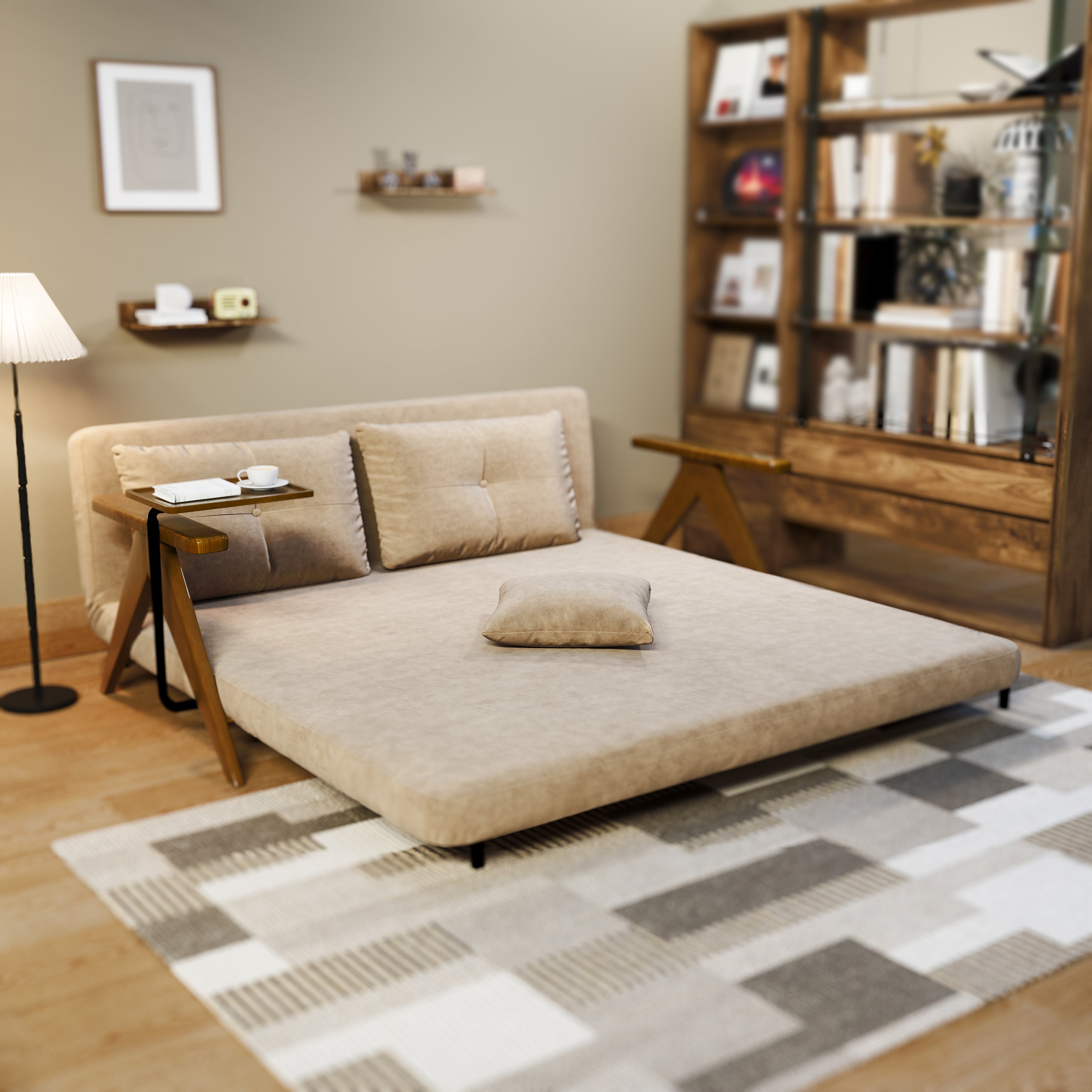 Foldable Matte Fabric Solid Wood 3 Mode Sofa Bed