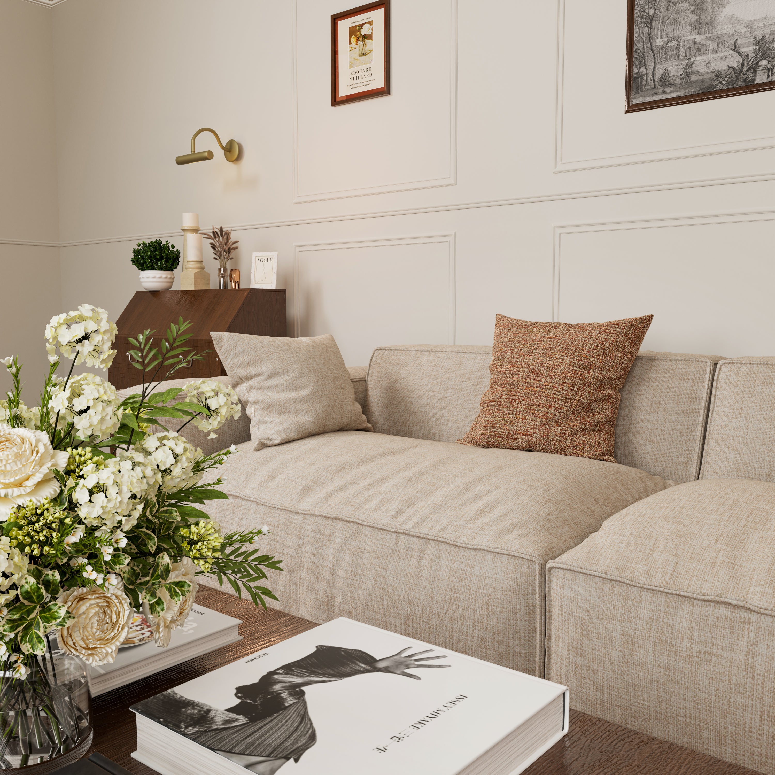 Elegant Tofu Block Linen Modular Cloud Sofa Down Filled Sectional