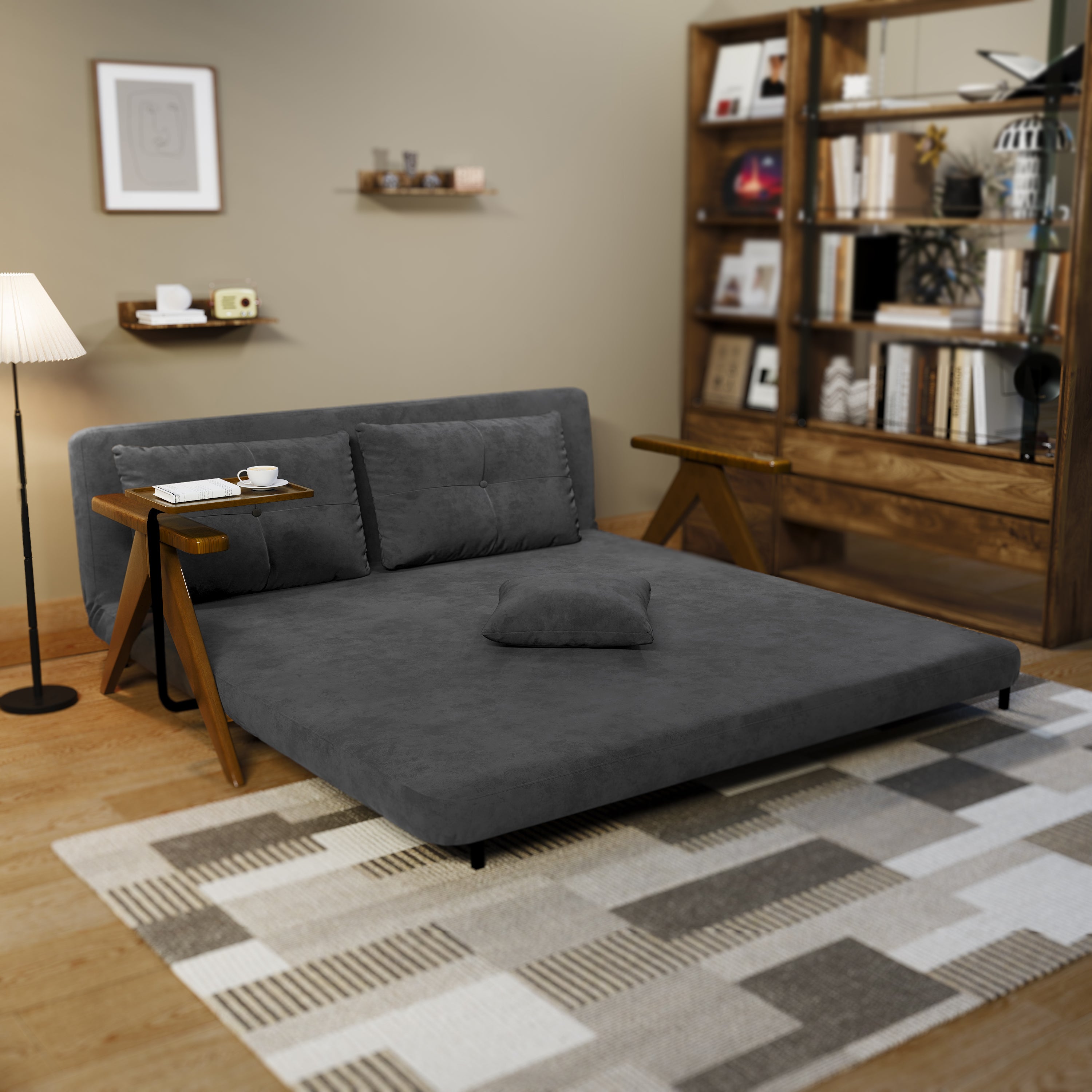 Foldable Matte Fabric Solid Wood 3 Mode Sofa Bed