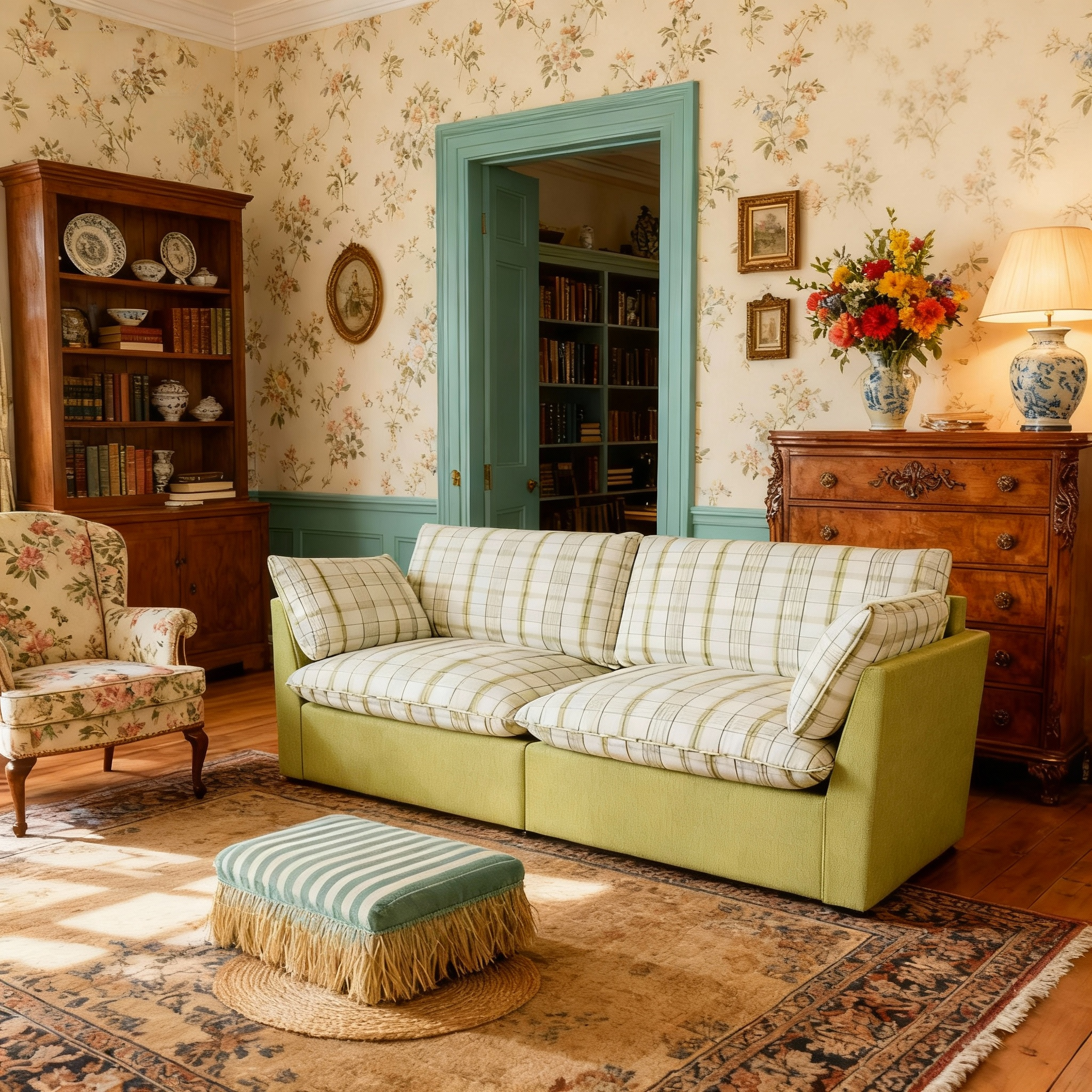 British Retro Check & Striped Sofa with Removable Covers