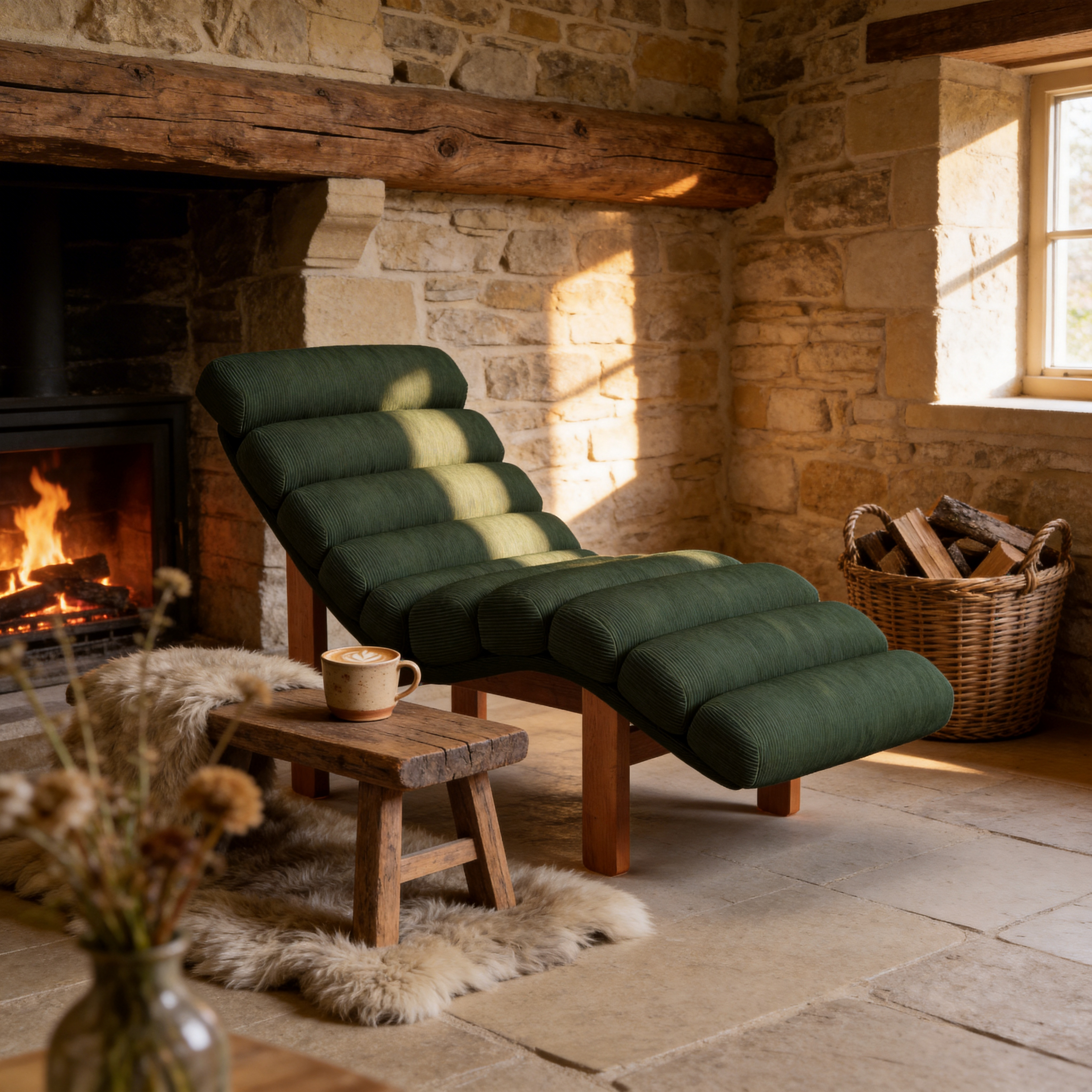 Modern Ergonomic Corduroy Chaise Lounge with Natural Wooden Frame