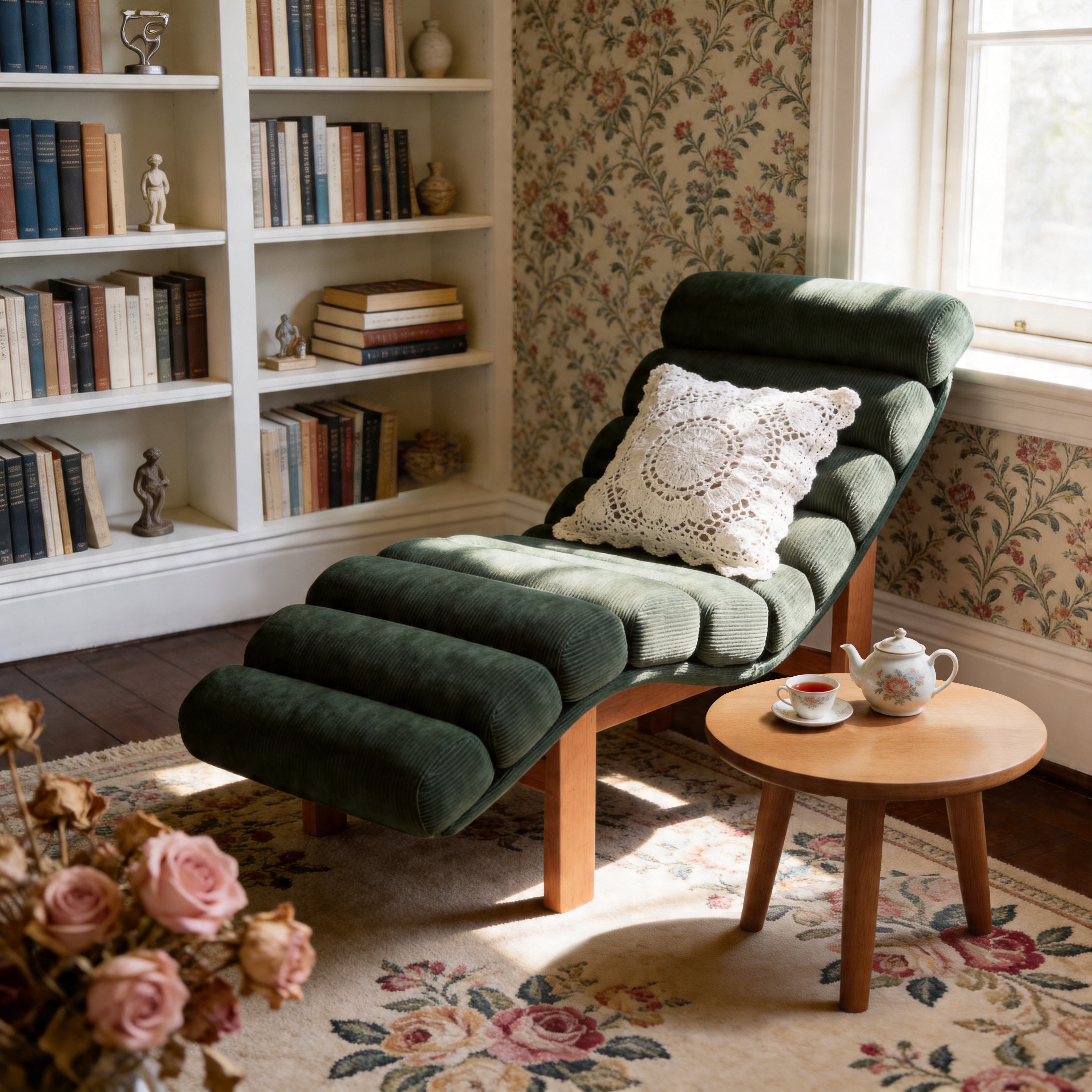 Modern Ergonomic Corduroy Chaise Lounge with Natural Wooden Frame