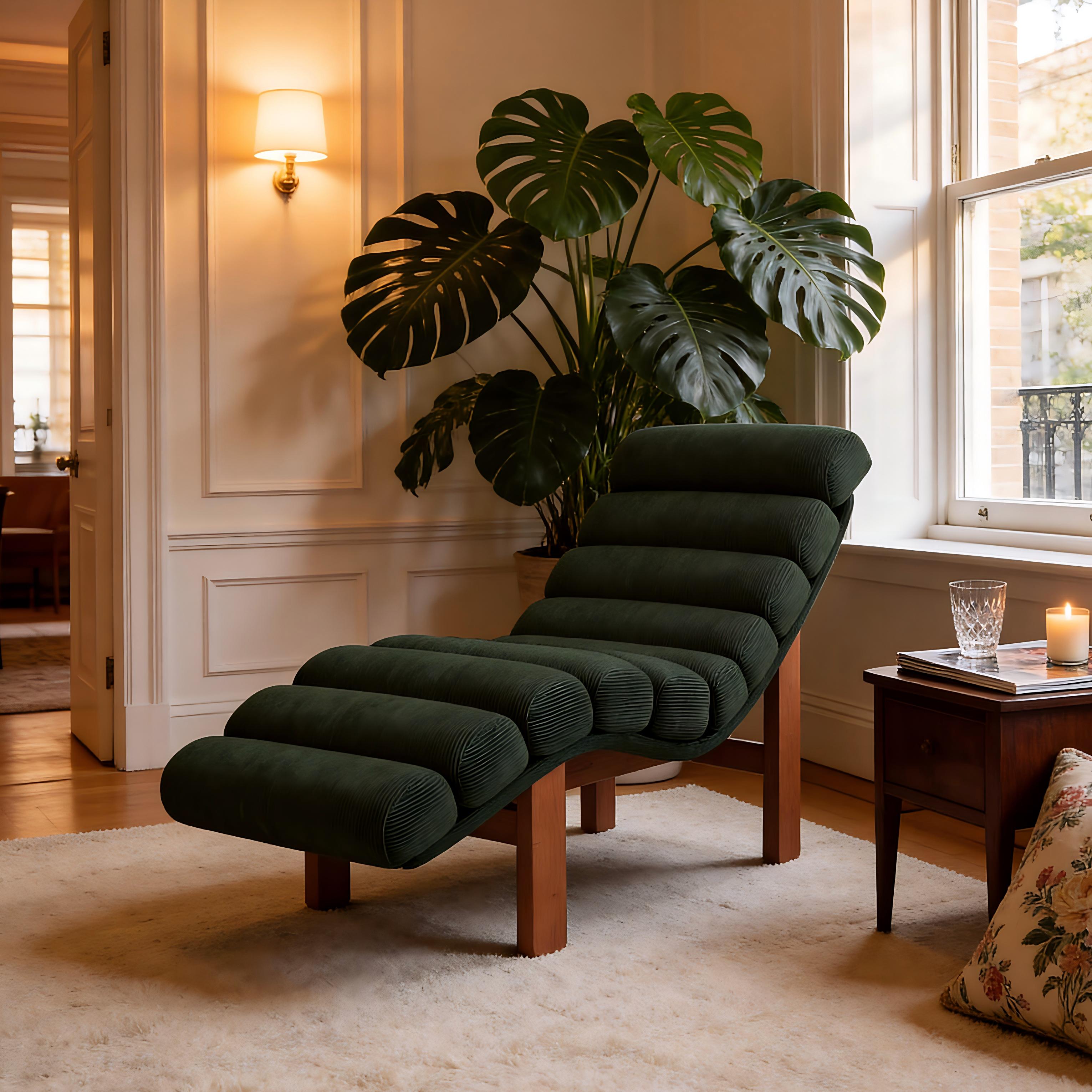Modern Ergonomic Corduroy Chaise Lounge with Natural Wooden Frame