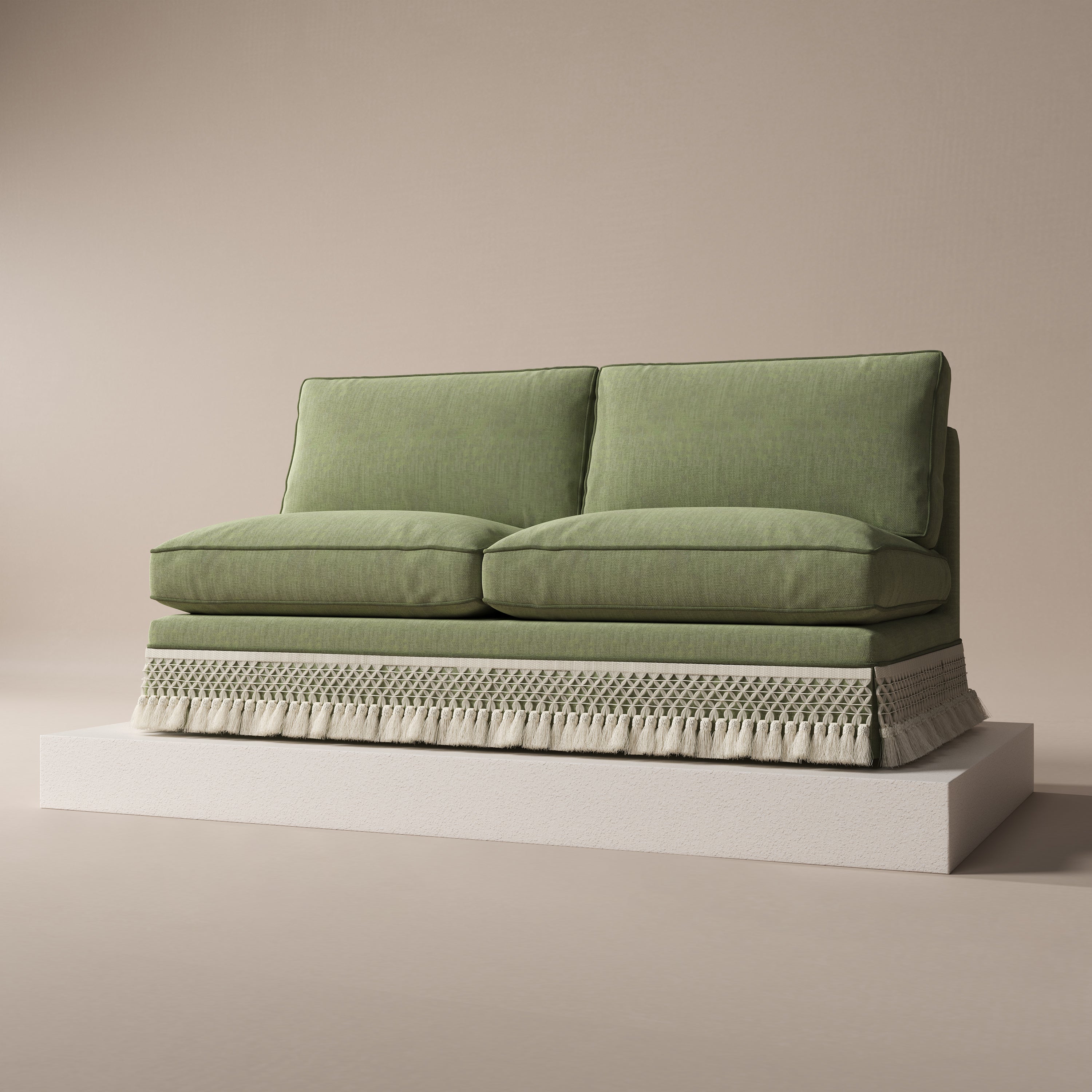 Armless Sofa with Fringed Trim and Removable Covers