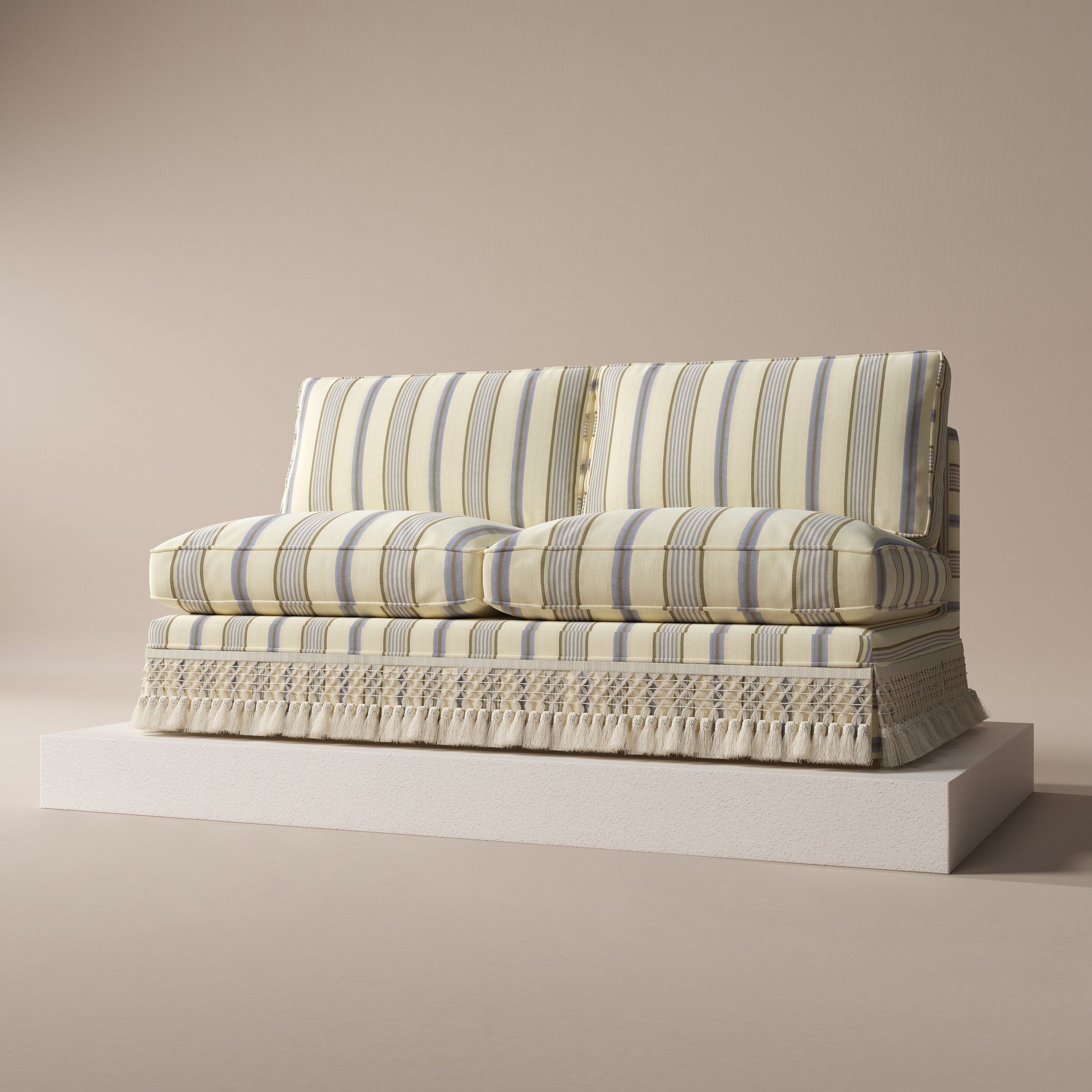 Armless Sofa with Fringed Trim and Removable Covers