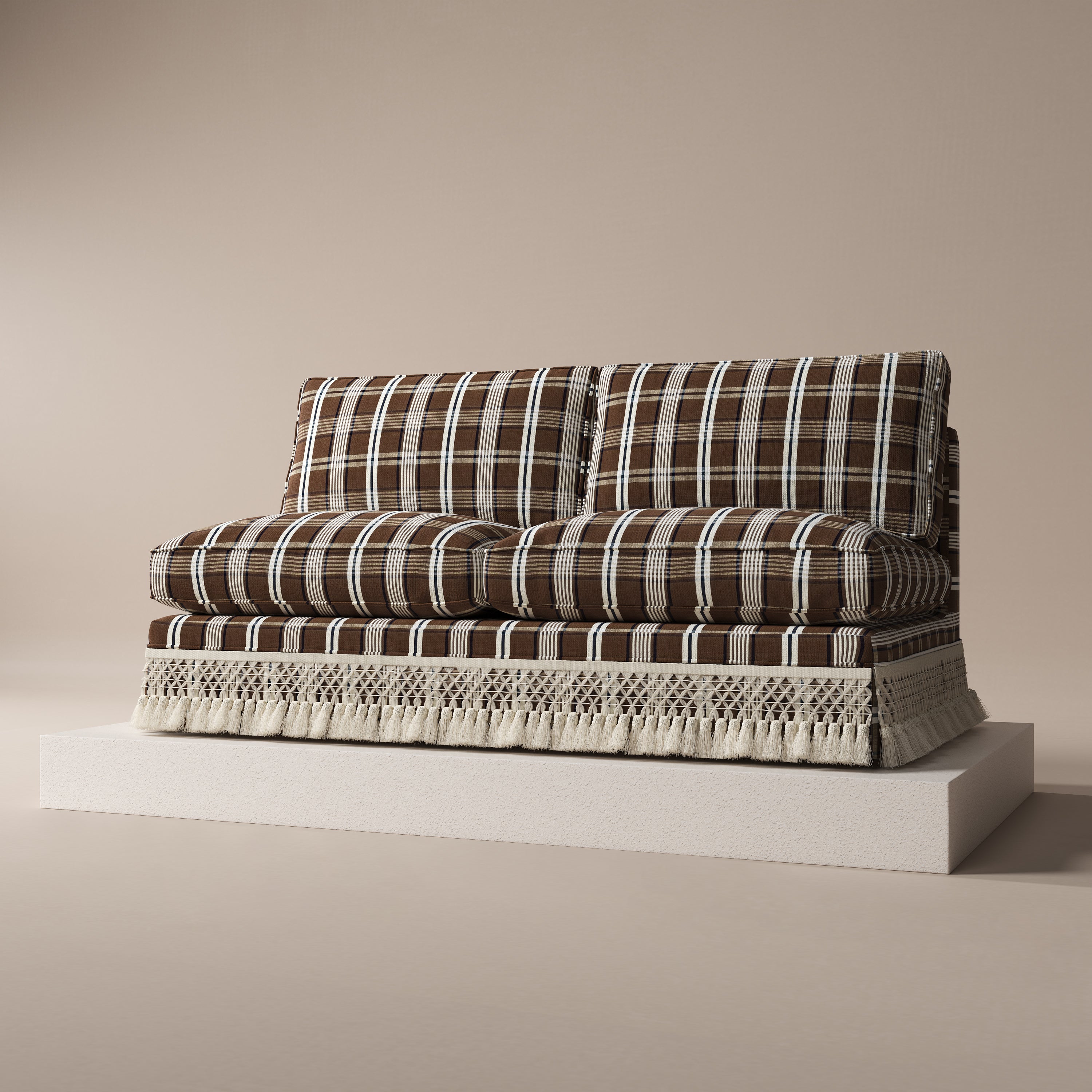 Armless Sofa with Fringed Trim and Removable Covers