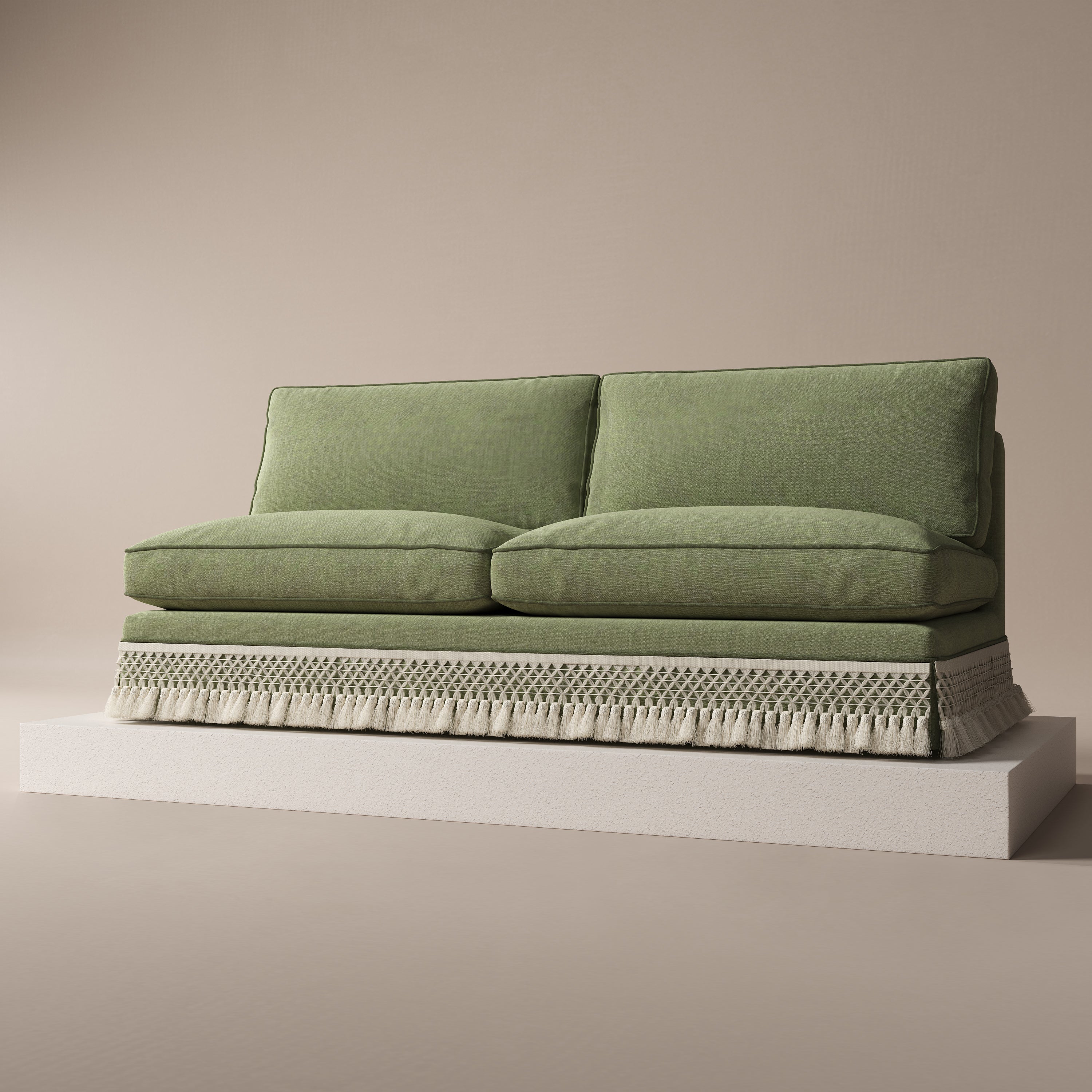 Armless Sofa with Fringed Trim and Removable Covers