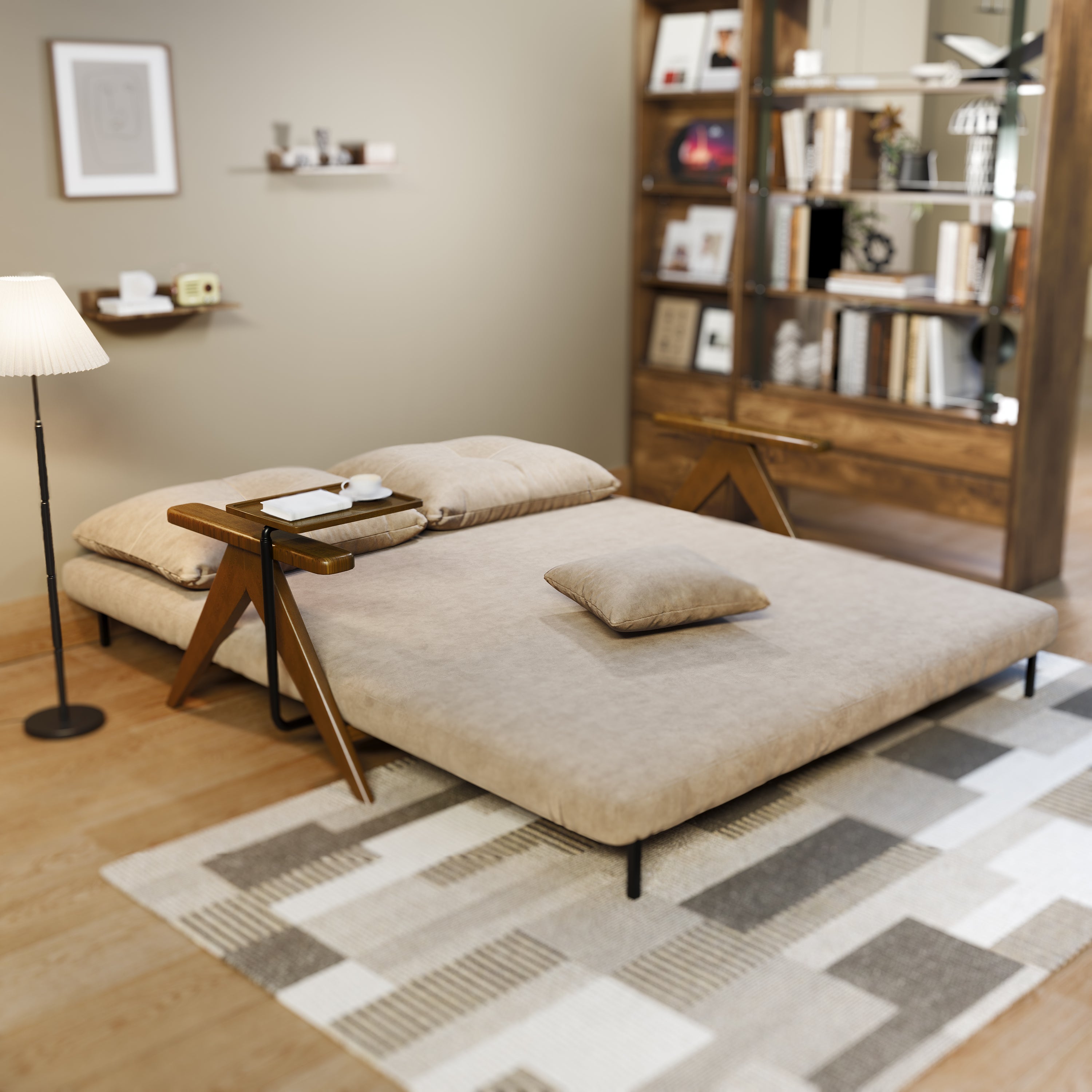 Foldable Matte Fabric Solid Wood 3 Mode Sofa Bed