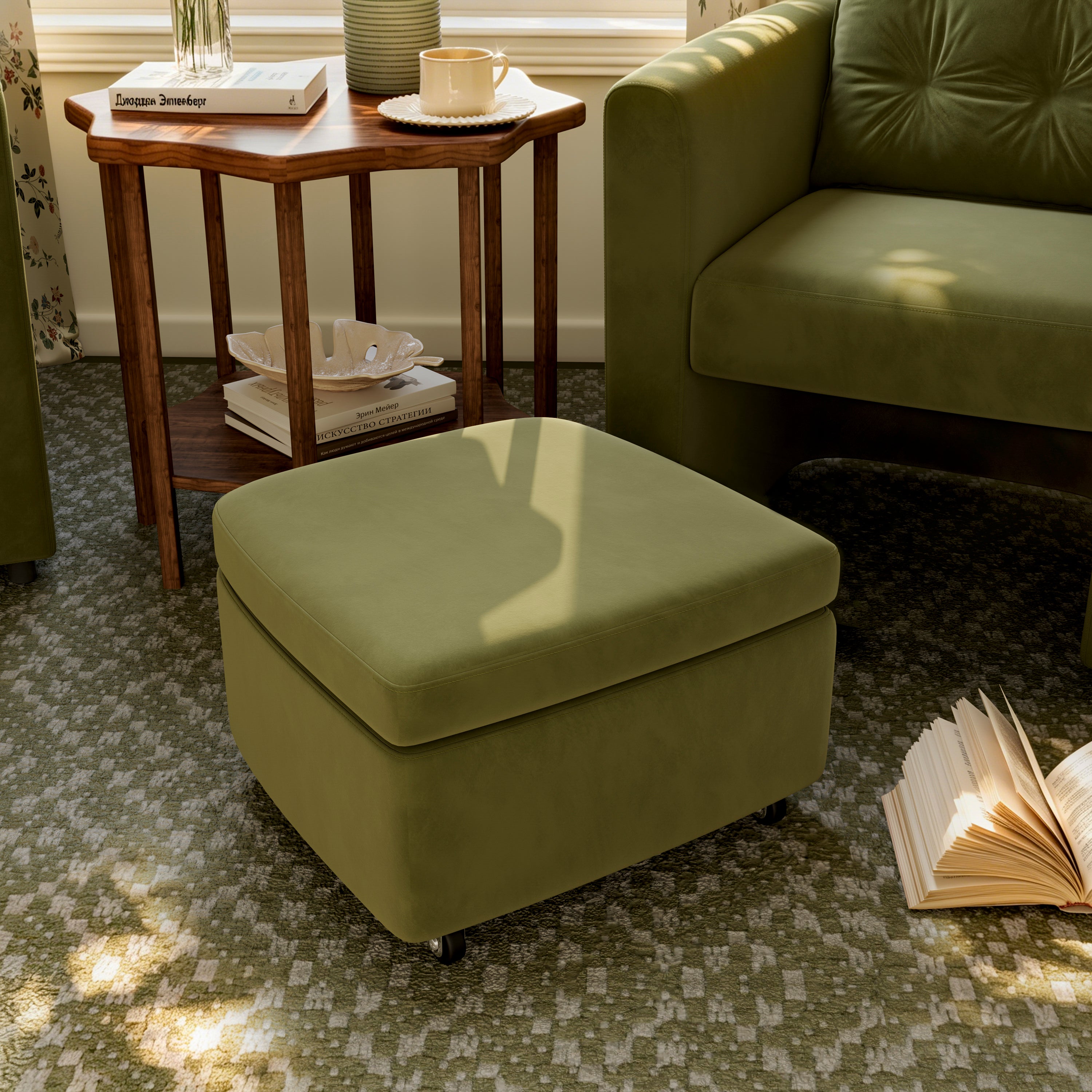 Green Velvet Snuggler Chair with Hidden Storage Footstool