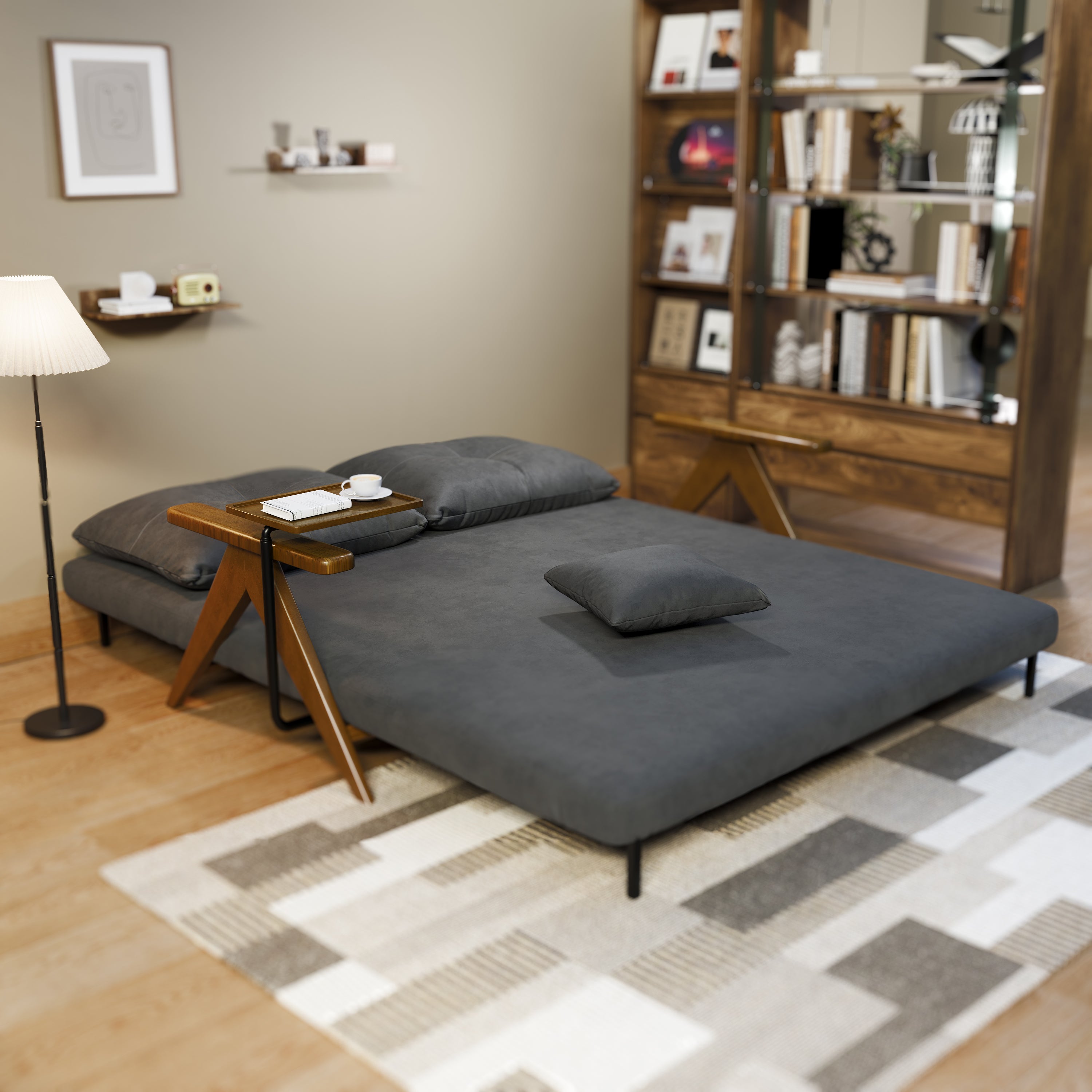 Foldable Matte Fabric Solid Wood 3 Mode Sofa Bed