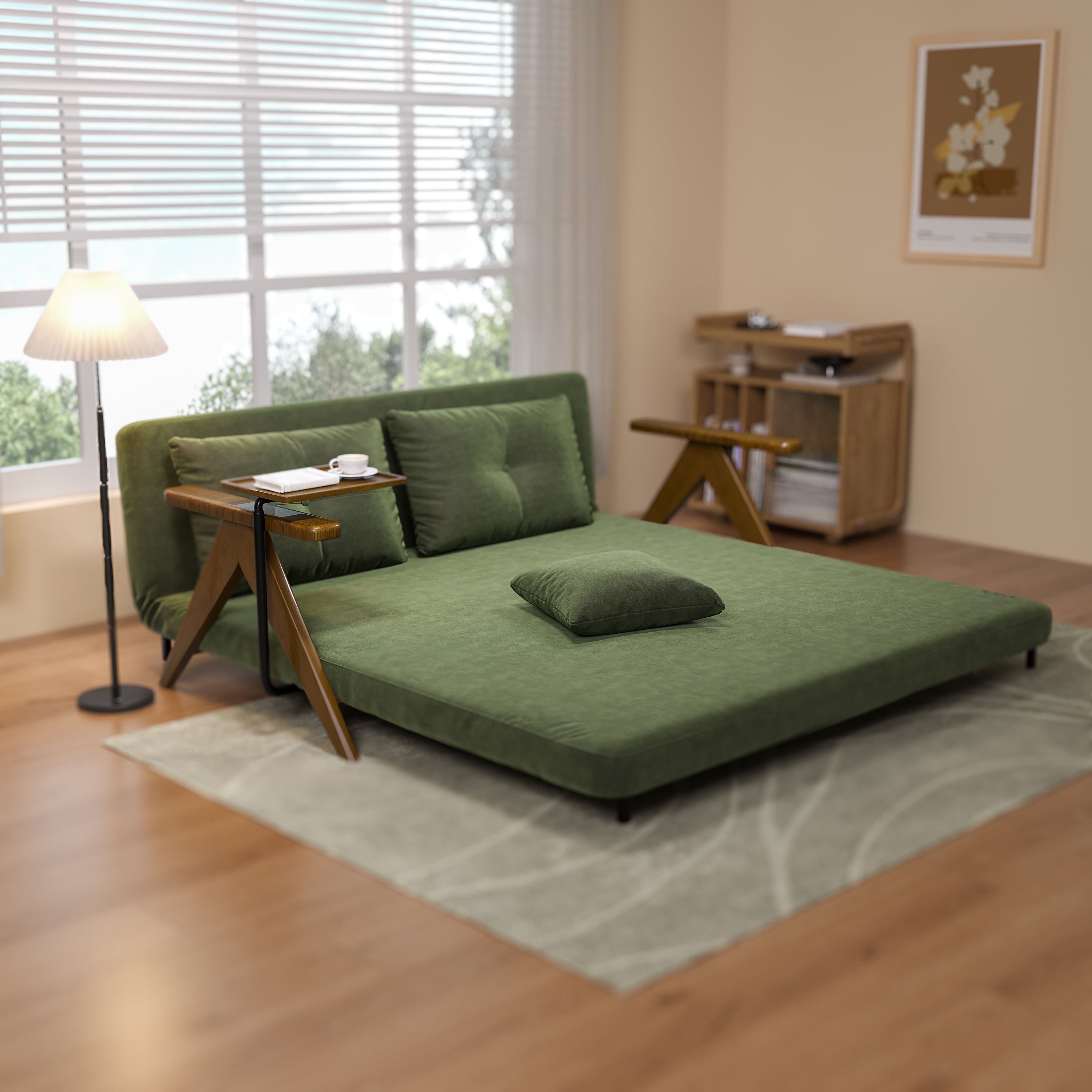 Foldable Matte Fabric Solid Wood 3 Mode Sofa Bed