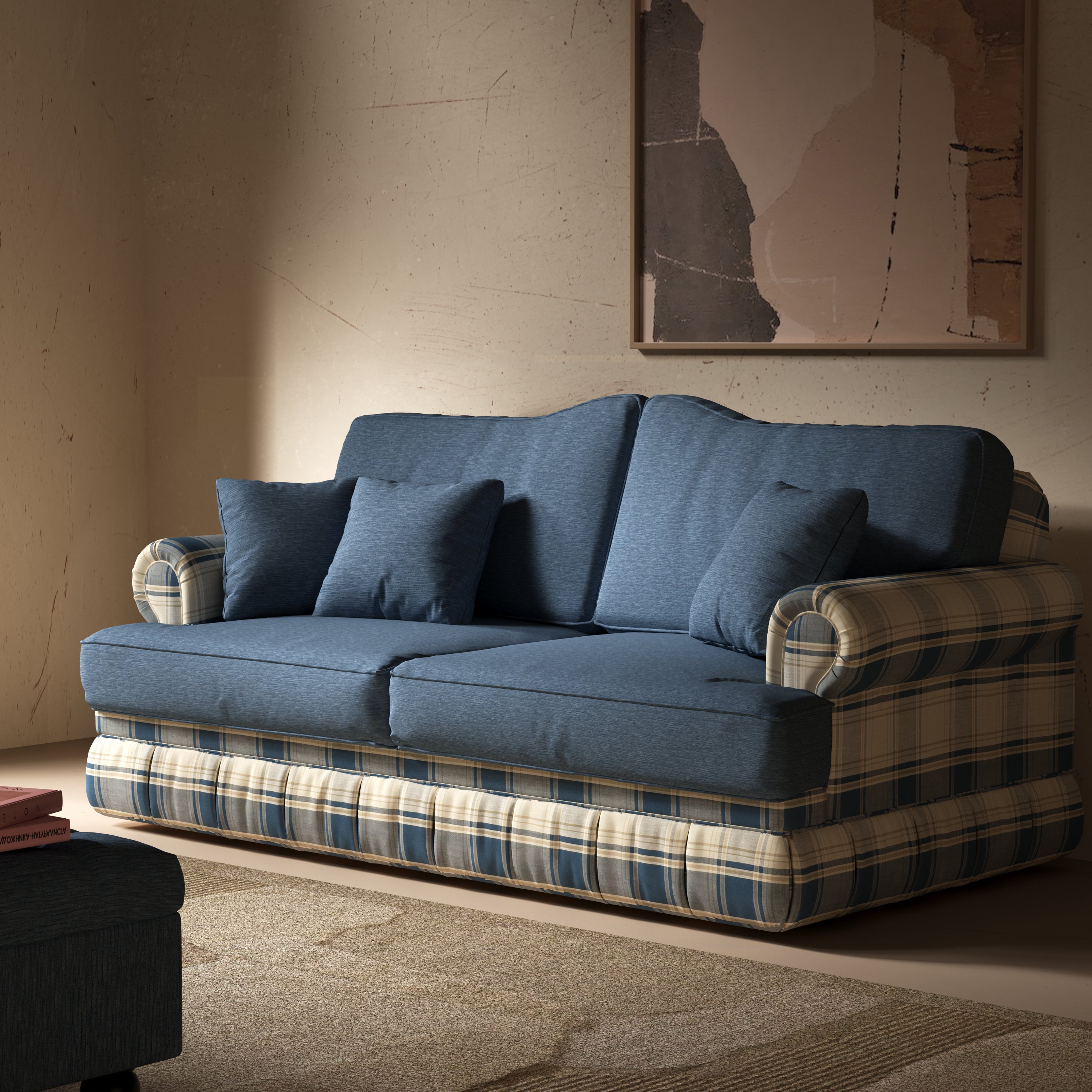 Cottonfy Heritage Plaid Skirted Sofa with Concealed Storage Drawers