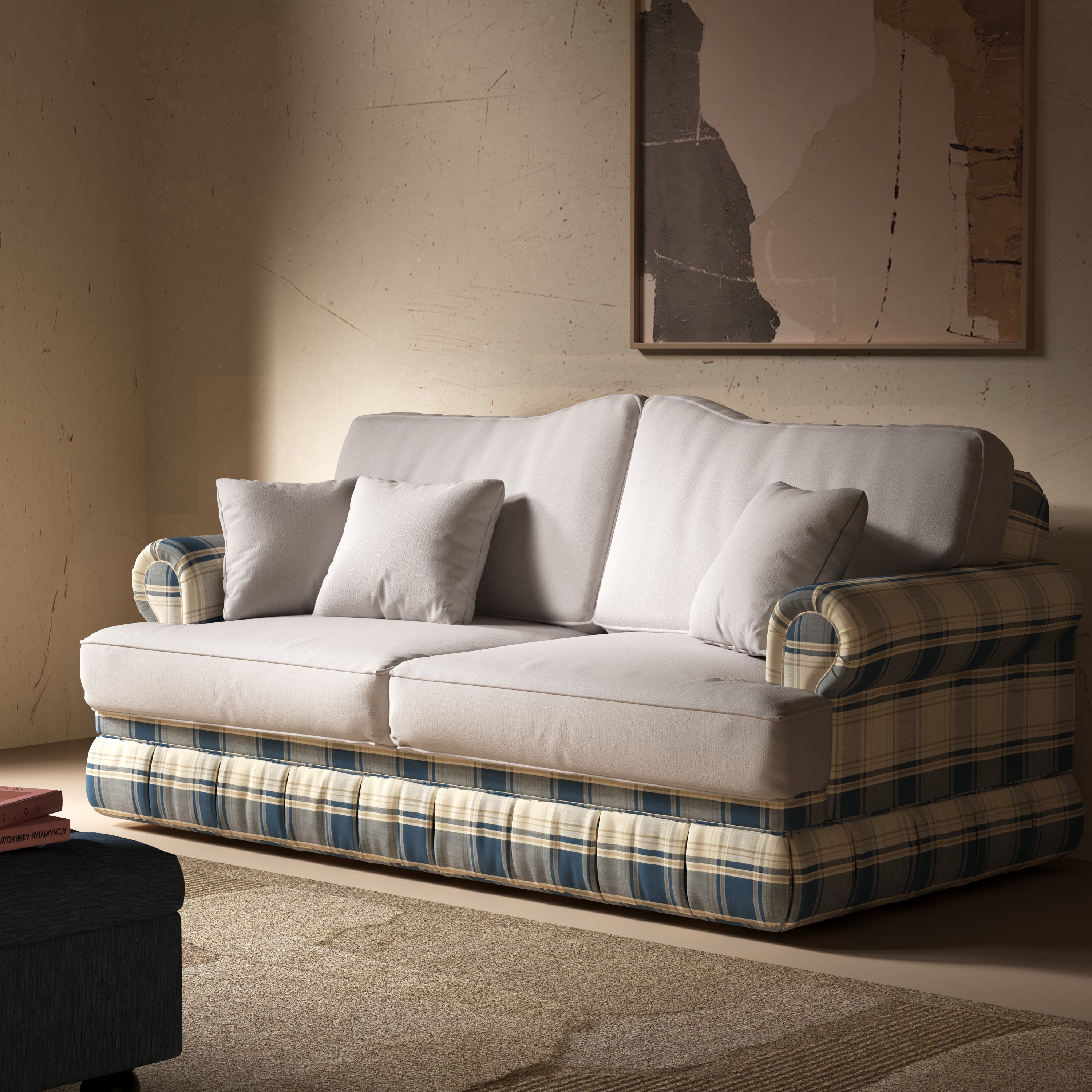 Cottonfy Heritage Plaid Skirted Sofa with Concealed Storage Drawers
