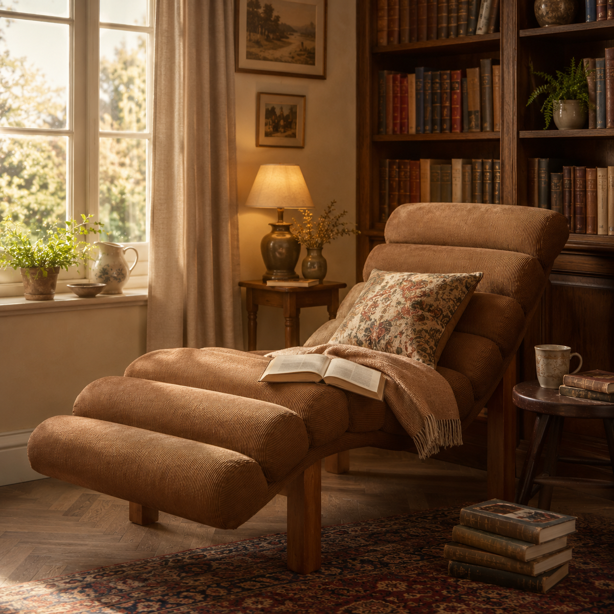 Modern Ergonomic Corduroy Chaise Lounge with Natural Wooden Frame