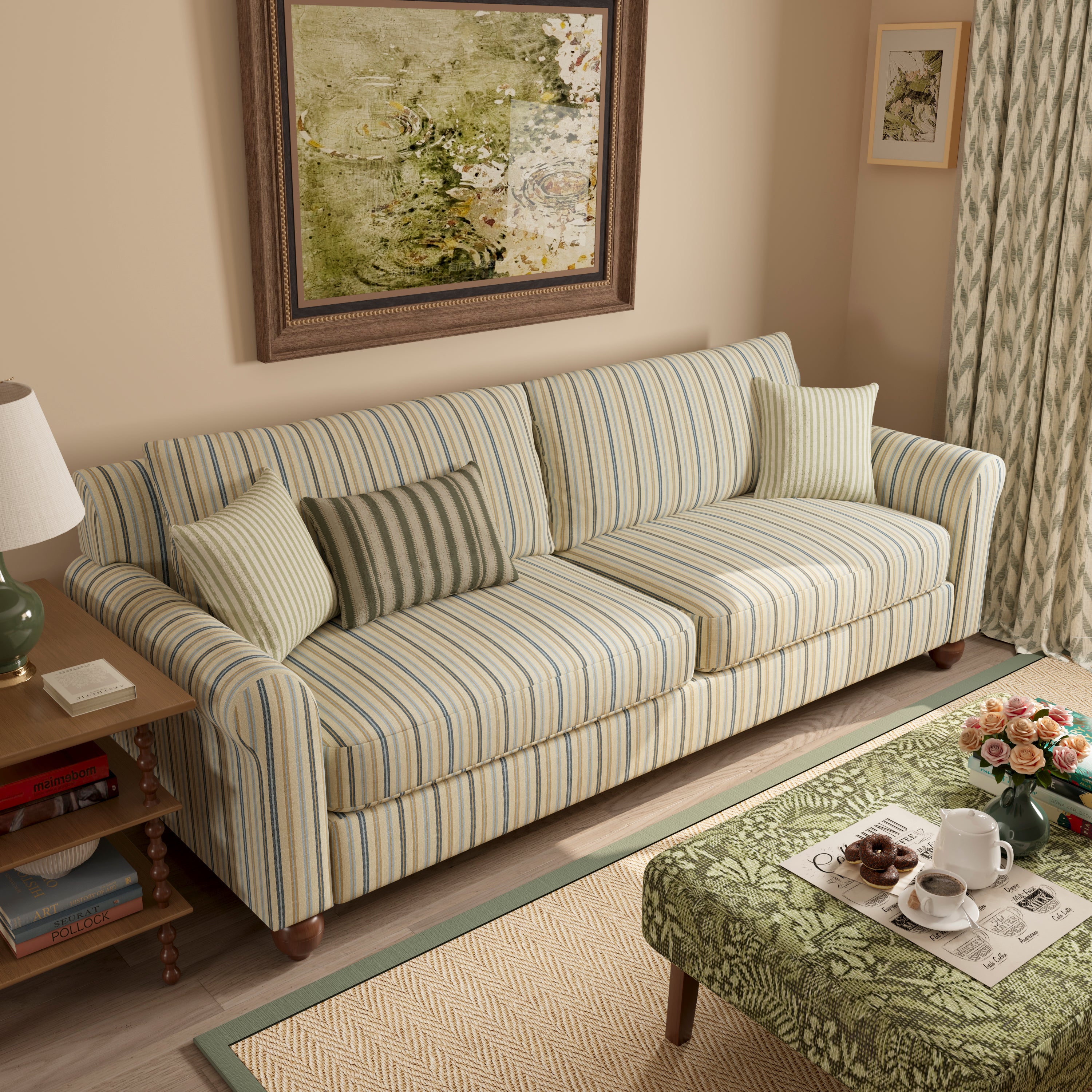 Striped Cotton Linen Blend Rolled Arm Sofa with Solid Wood Bun Feet
