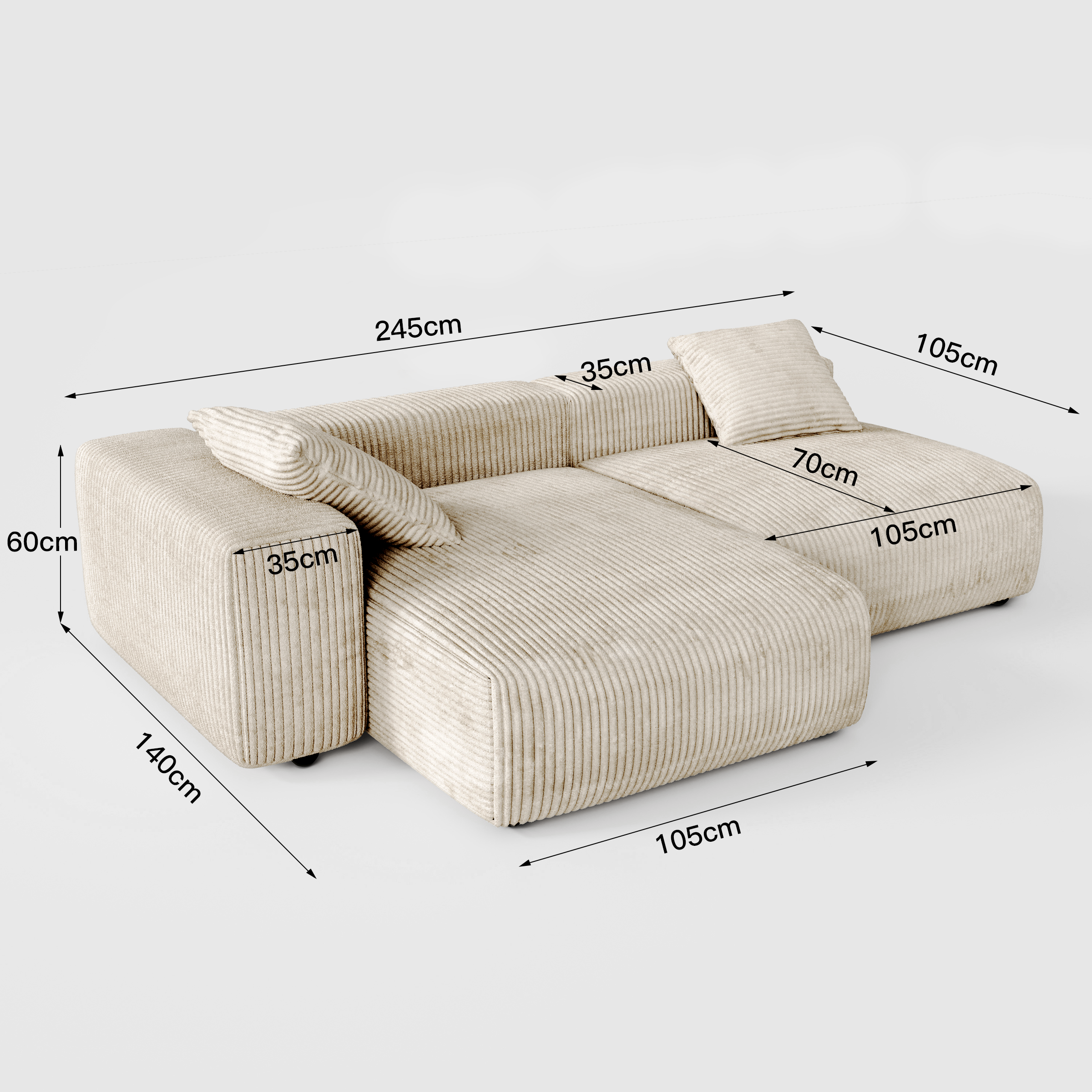 Corduroy Modular Wide Seat Chaise Sofa Block