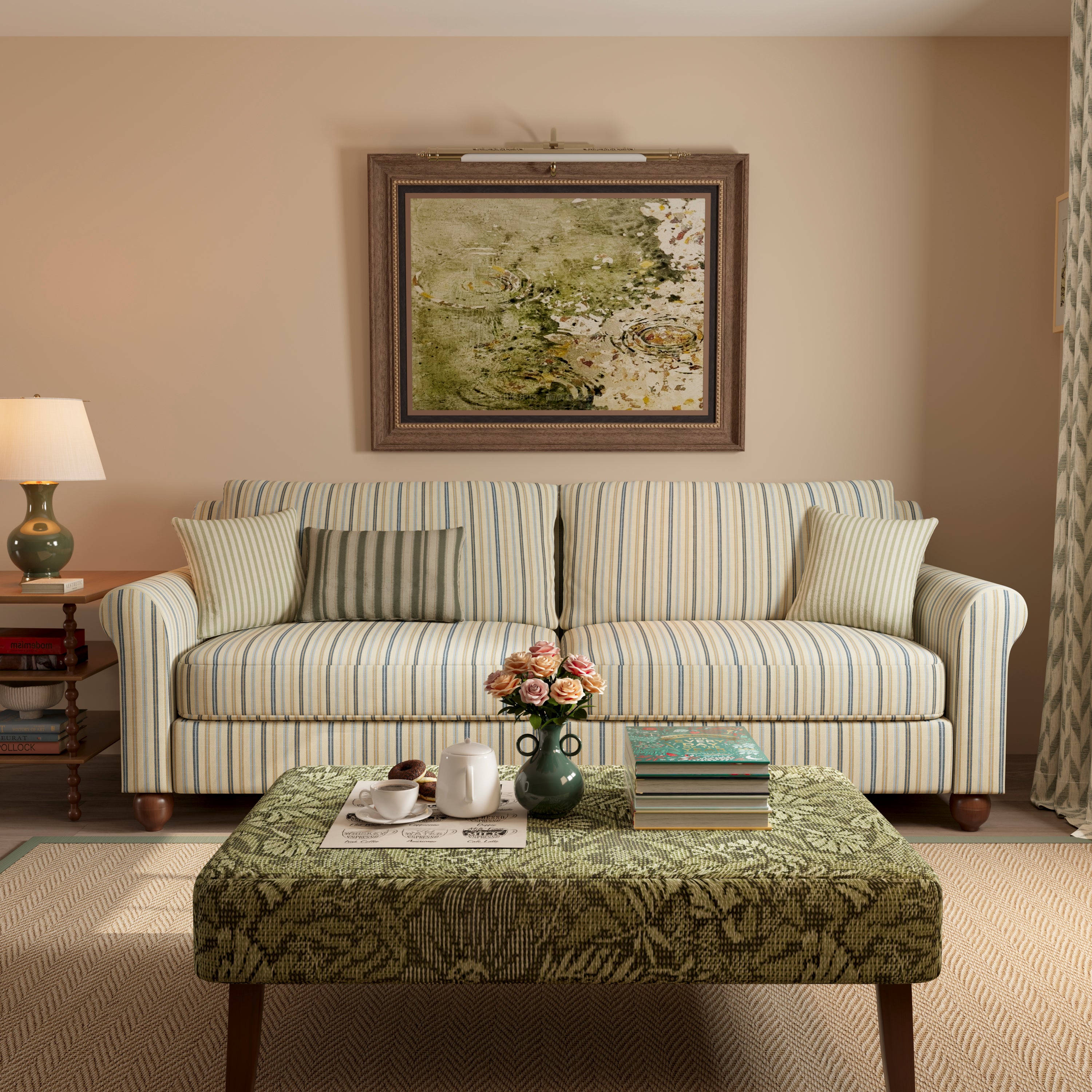 Striped Cotton Linen Blend Rolled Arm Sofa with Solid Wood Bun Feet