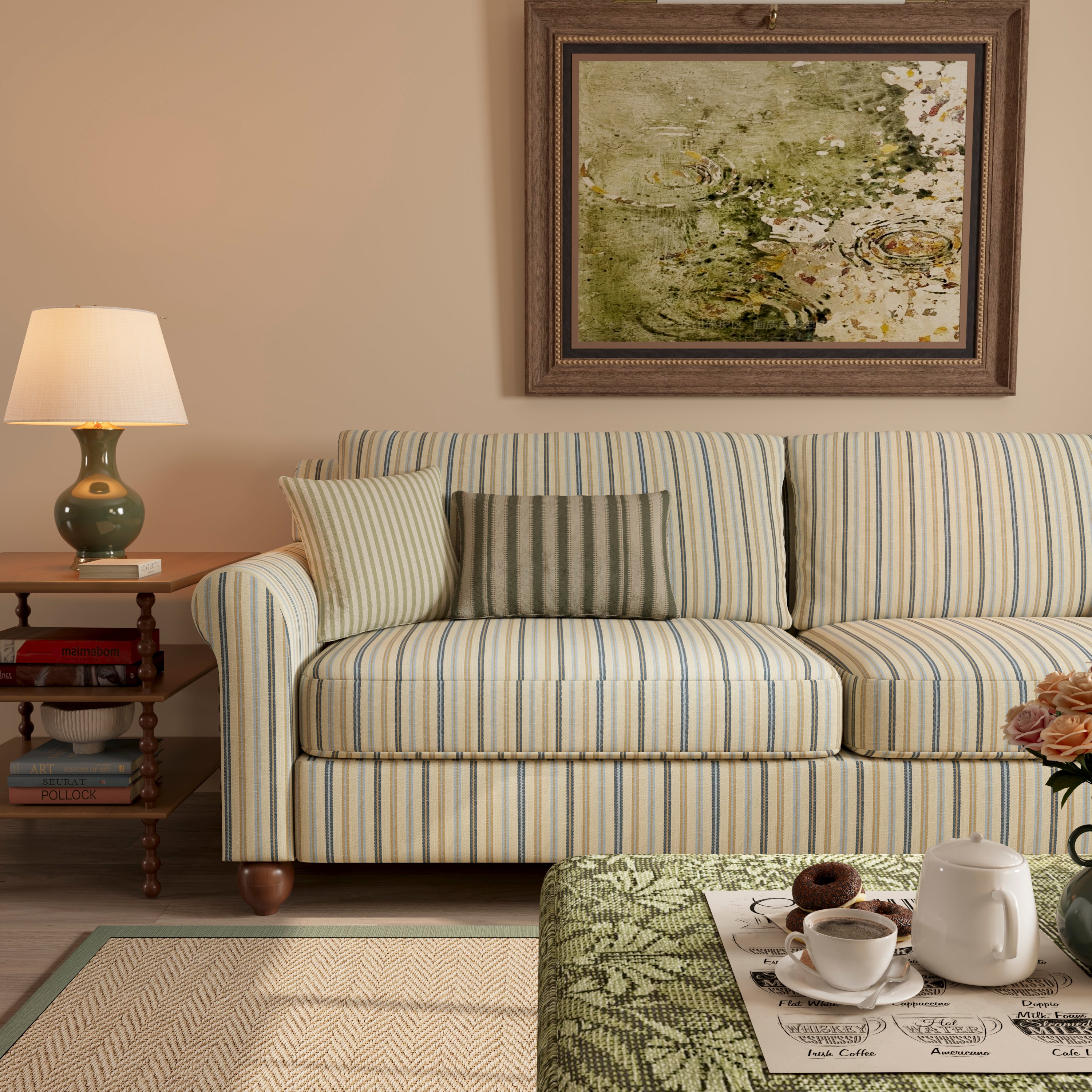 Striped Cotton Linen Blend Rolled Arm Sofa with Solid Wood Bun Feet
