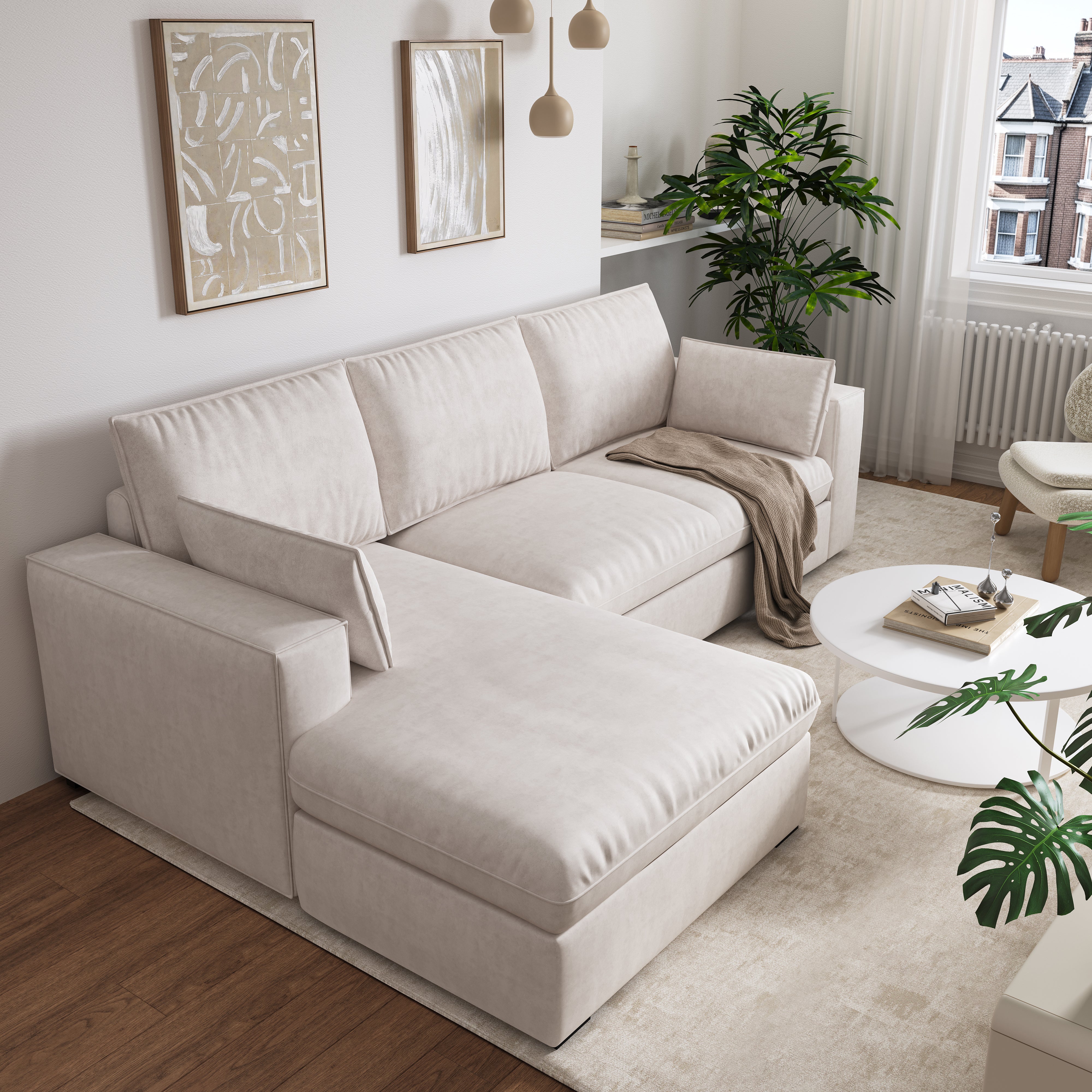 Cottonfy Creamy Tofu Block Pull Out Sofa Bed with Storage Guest Sleeper