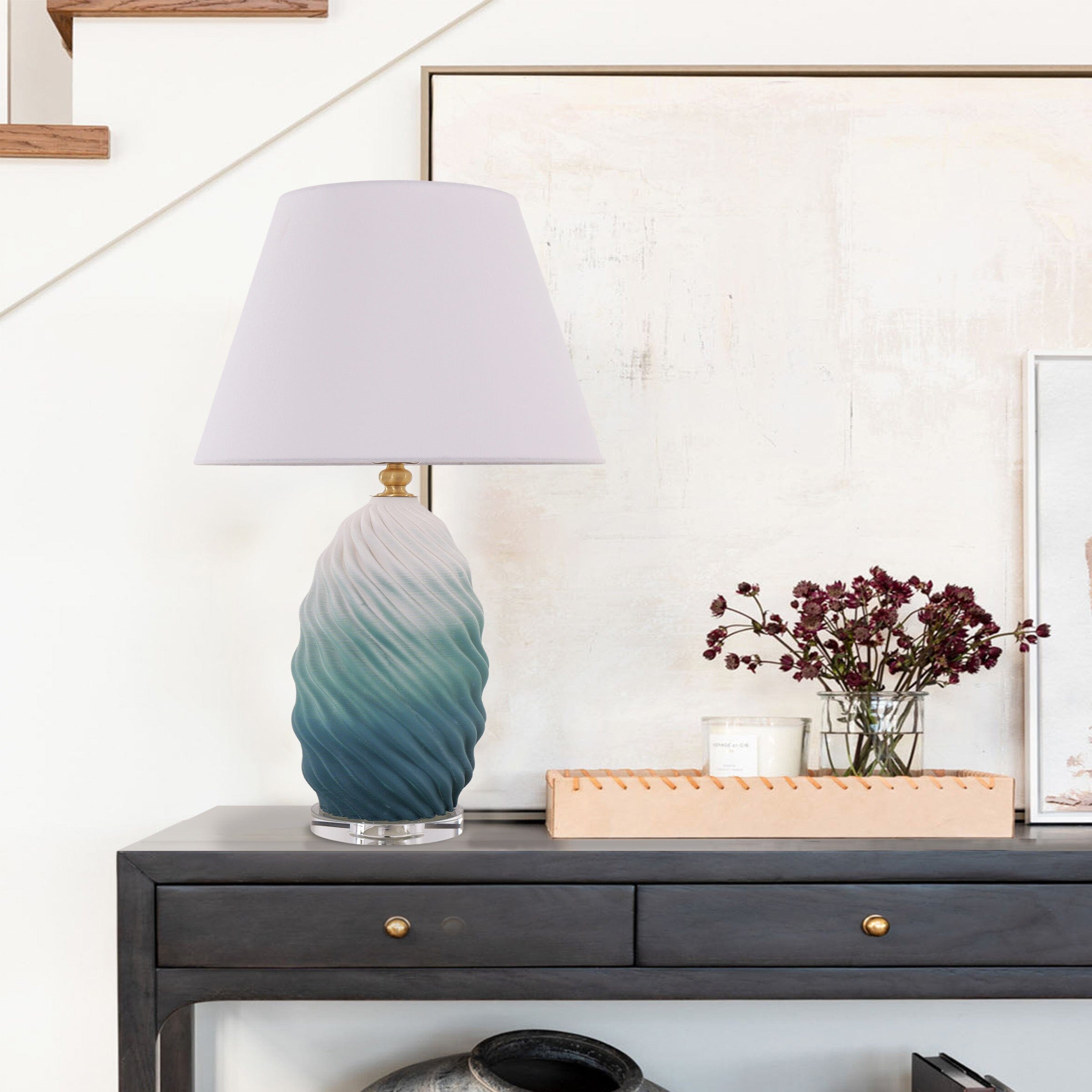 Lightsin 3D Blue Green White Gradient Threaded Ceramic Table Lamp with Fabric Shade Lightsin UK