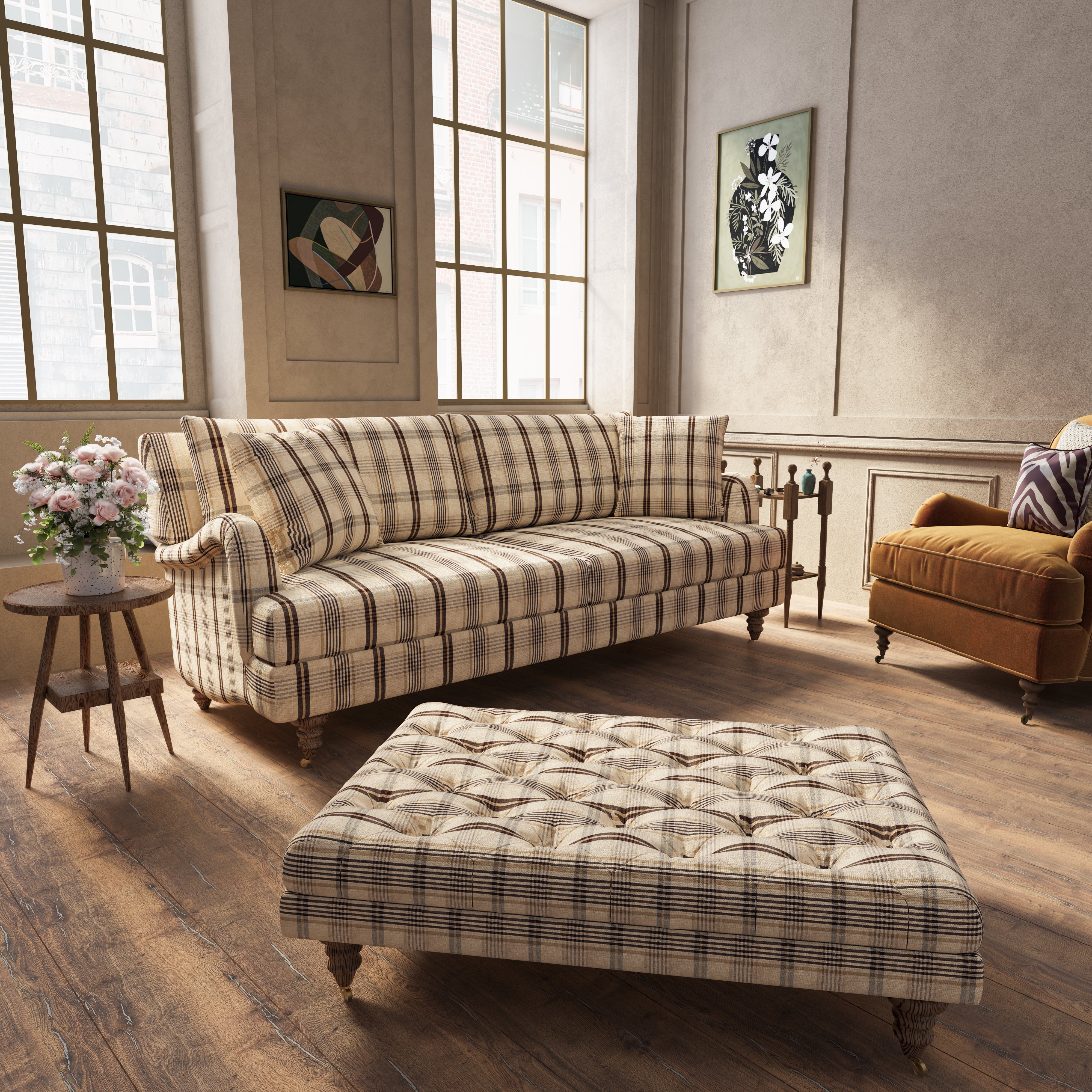 Cottonfy Vintage Check Country Sofa with Tufted Ottoman
