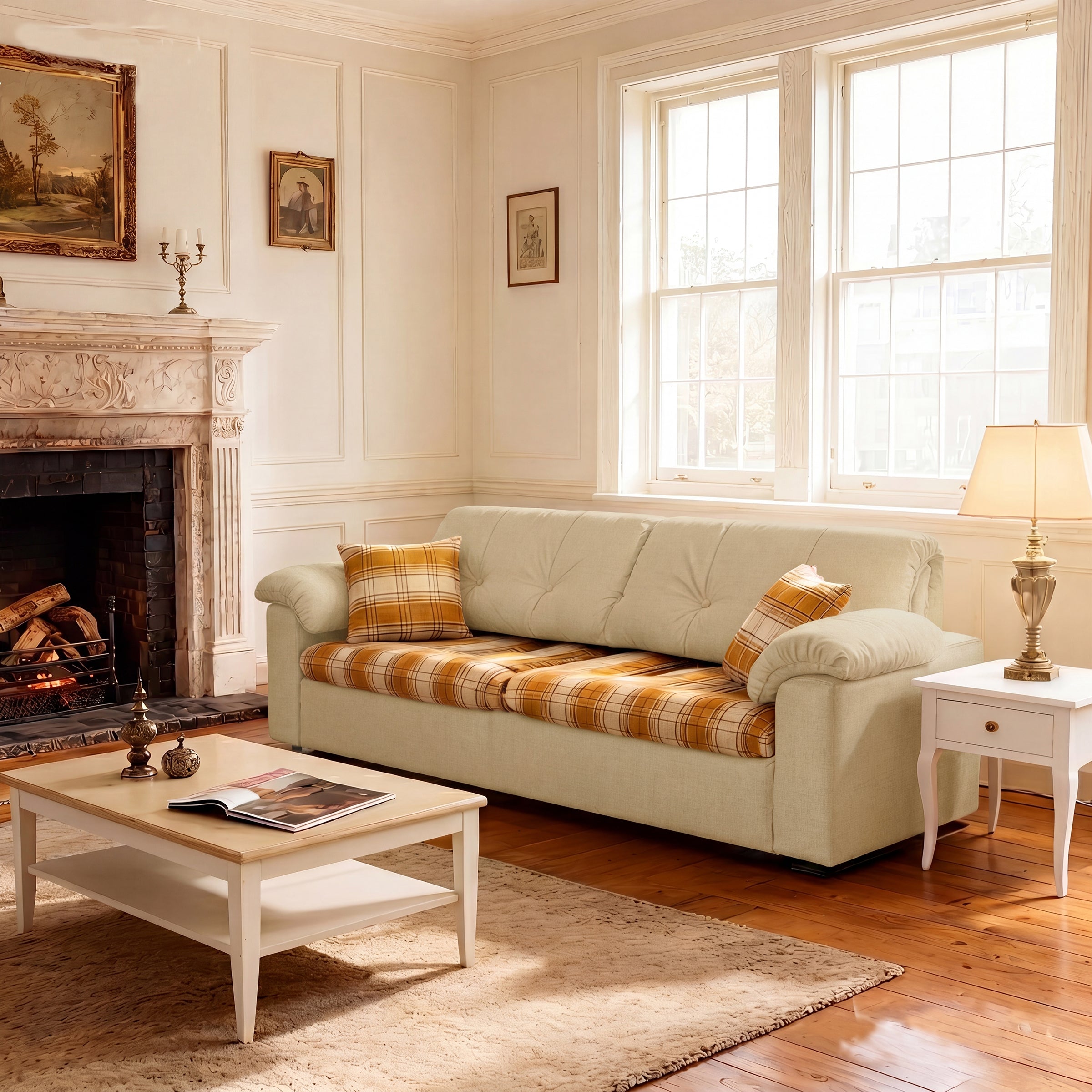 Cottonfy Classic Plaid Sofa Bed with Hidden Storage