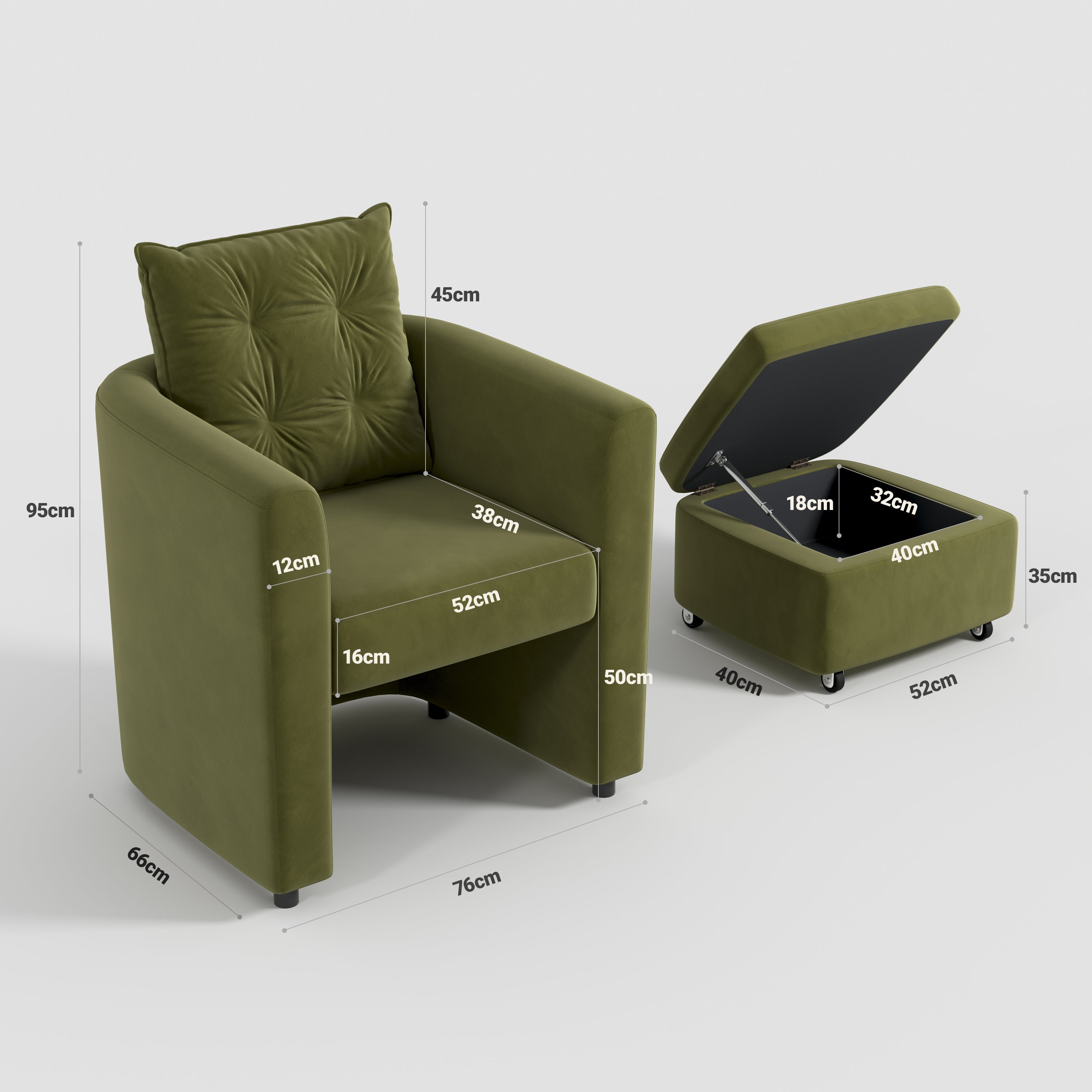 Green Velvet Snuggler Chair with Hidden Storage Footstool