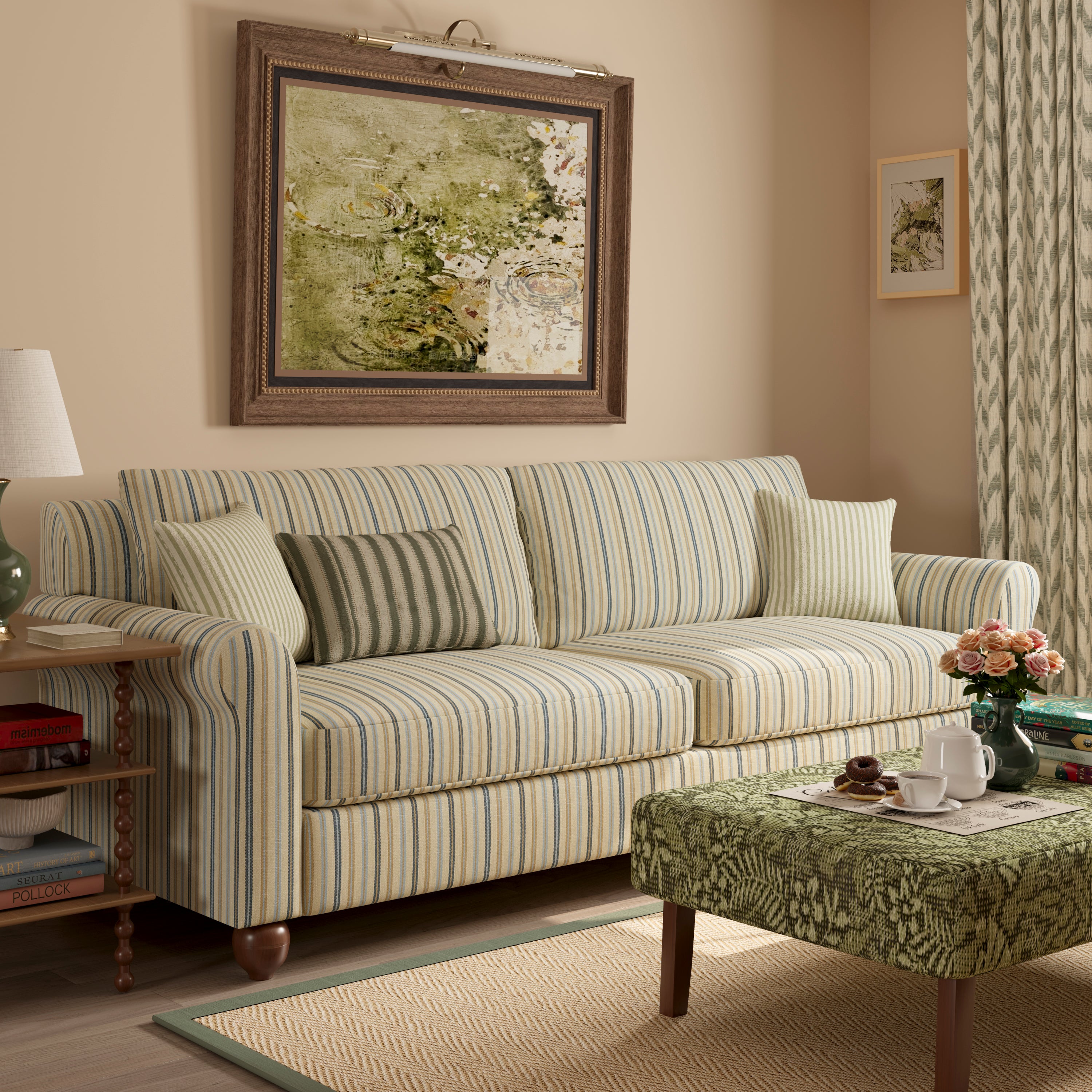 Striped Cotton Linen Blend Rolled Arm Sofa with Solid Wood Bun Feet