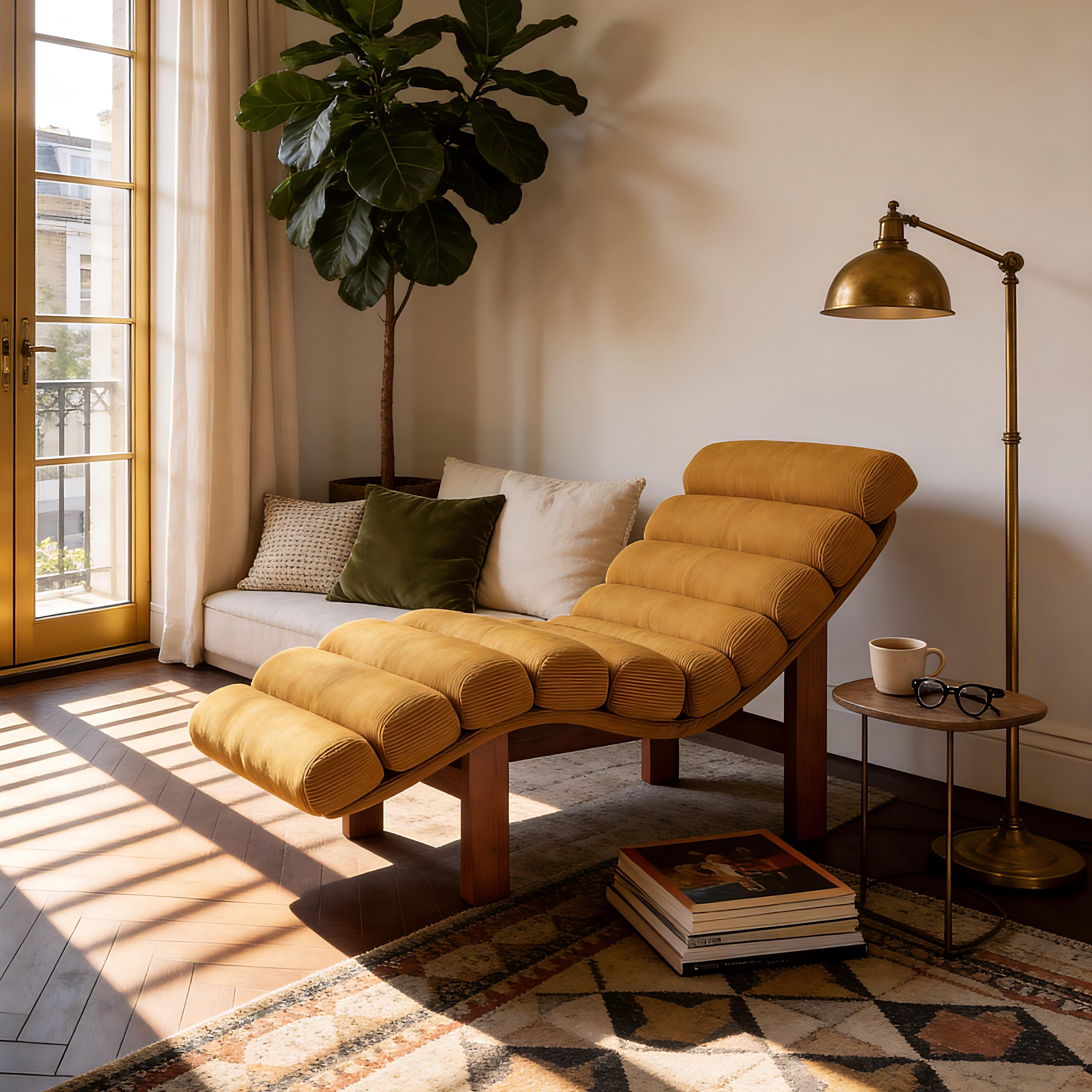 Modern Ergonomic Corduroy Chaise Lounge with Natural Wooden Frame