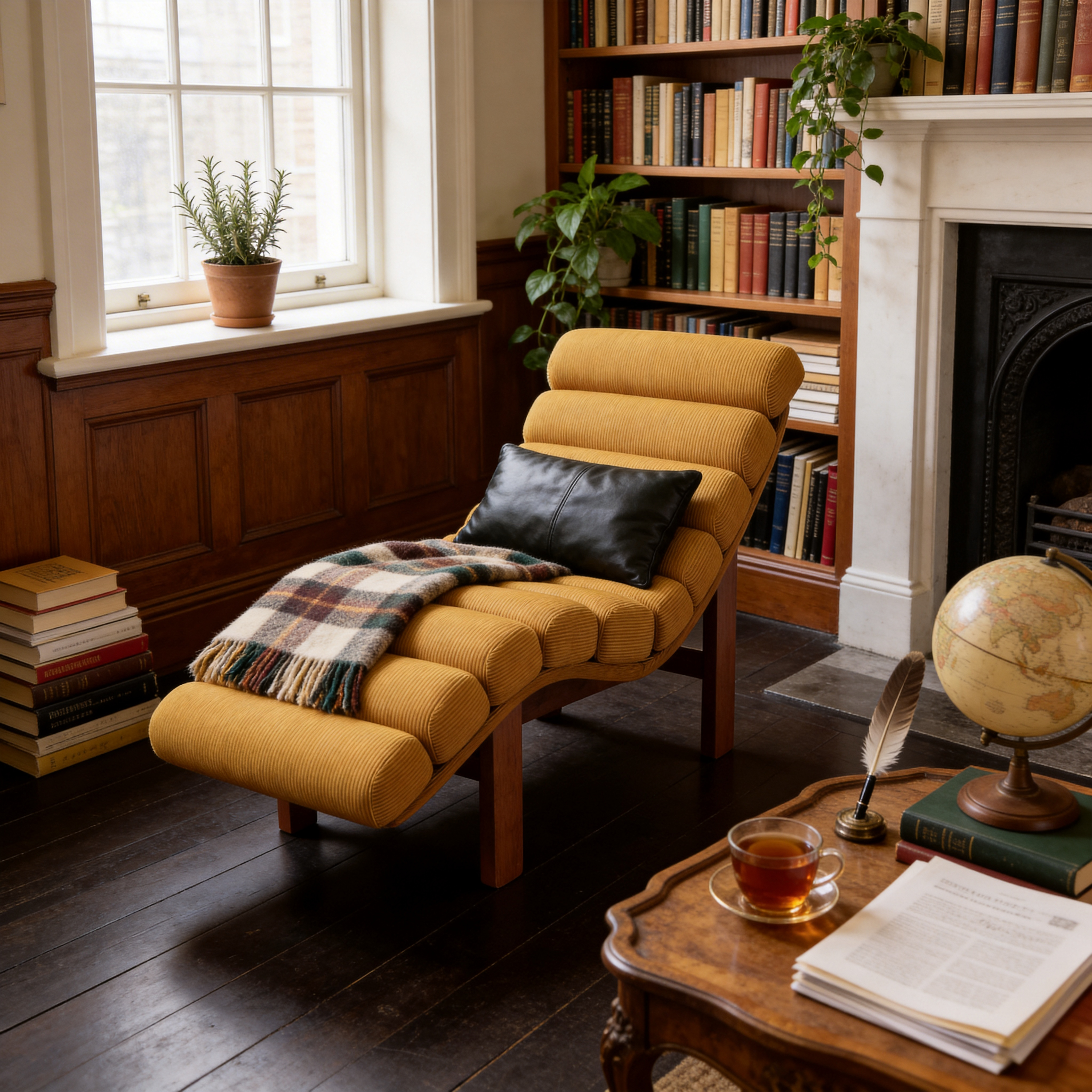 Modern Ergonomic Corduroy Chaise Lounge with Natural Wooden Frame