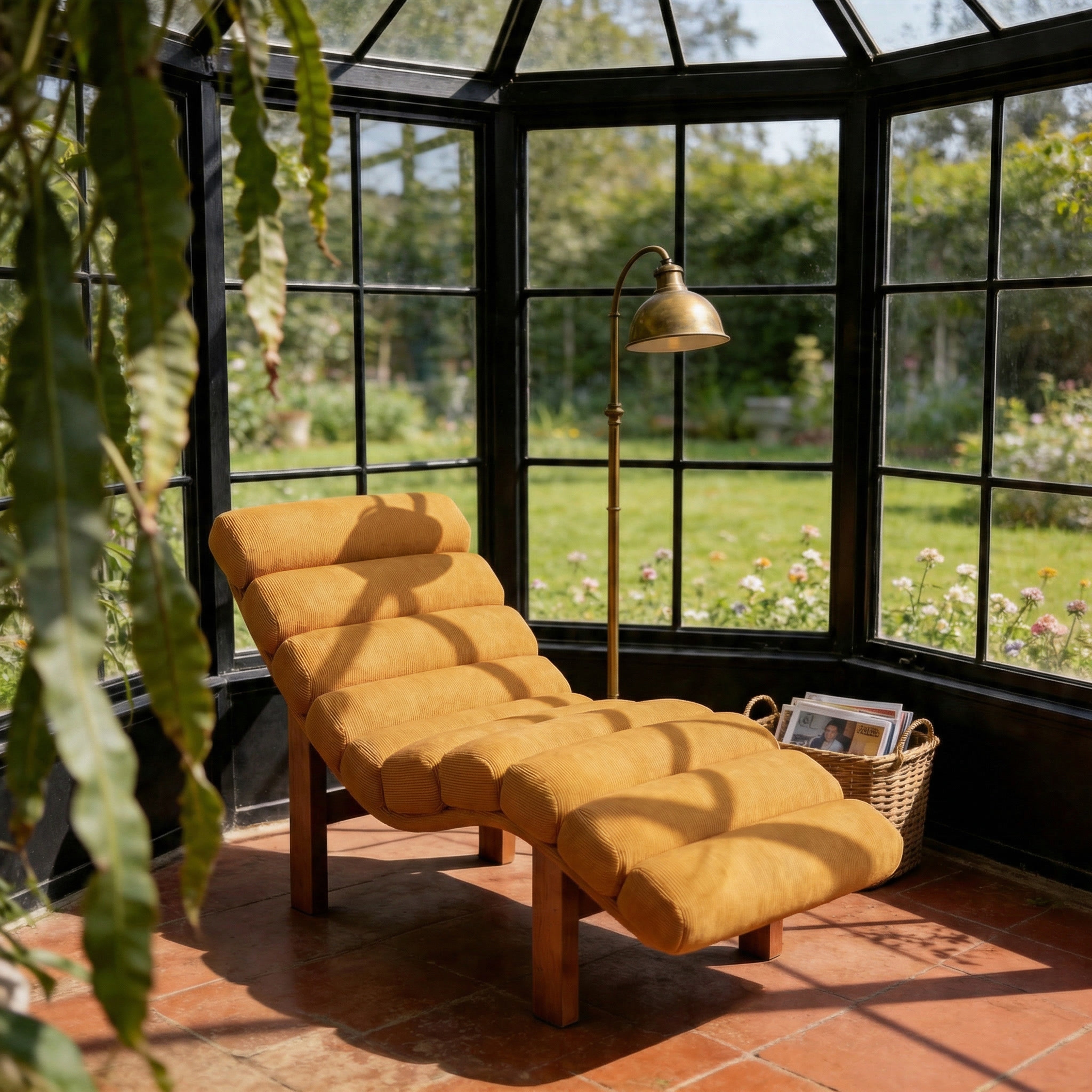 Modern Ergonomic Corduroy Chaise Lounge with Natural Wooden Frame