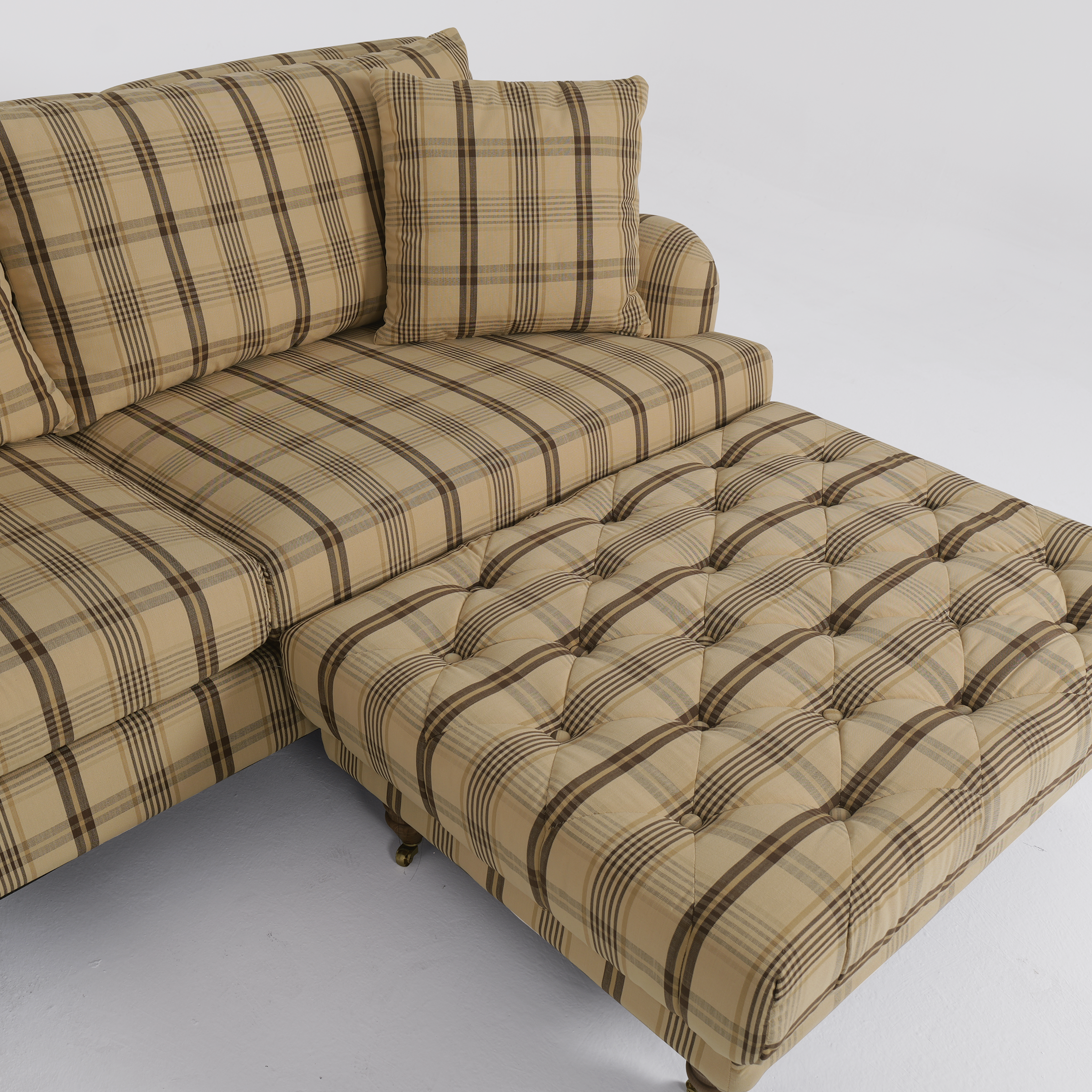 Cottonfy Vintage Check Country Sofa with Tufted Ottoman