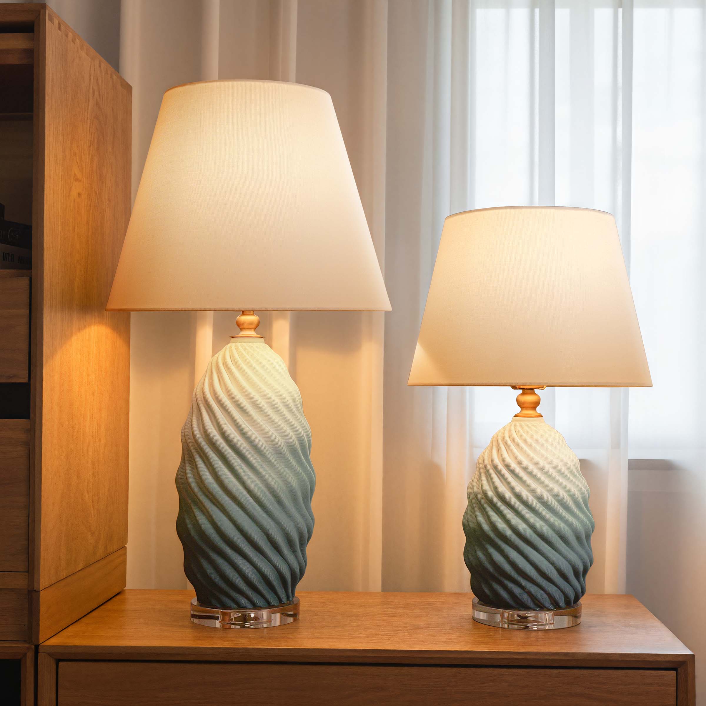Lightsin 3D Green White Gradient Threaded Ceramic Table Lamp with Fabric Shade Lightsin UK