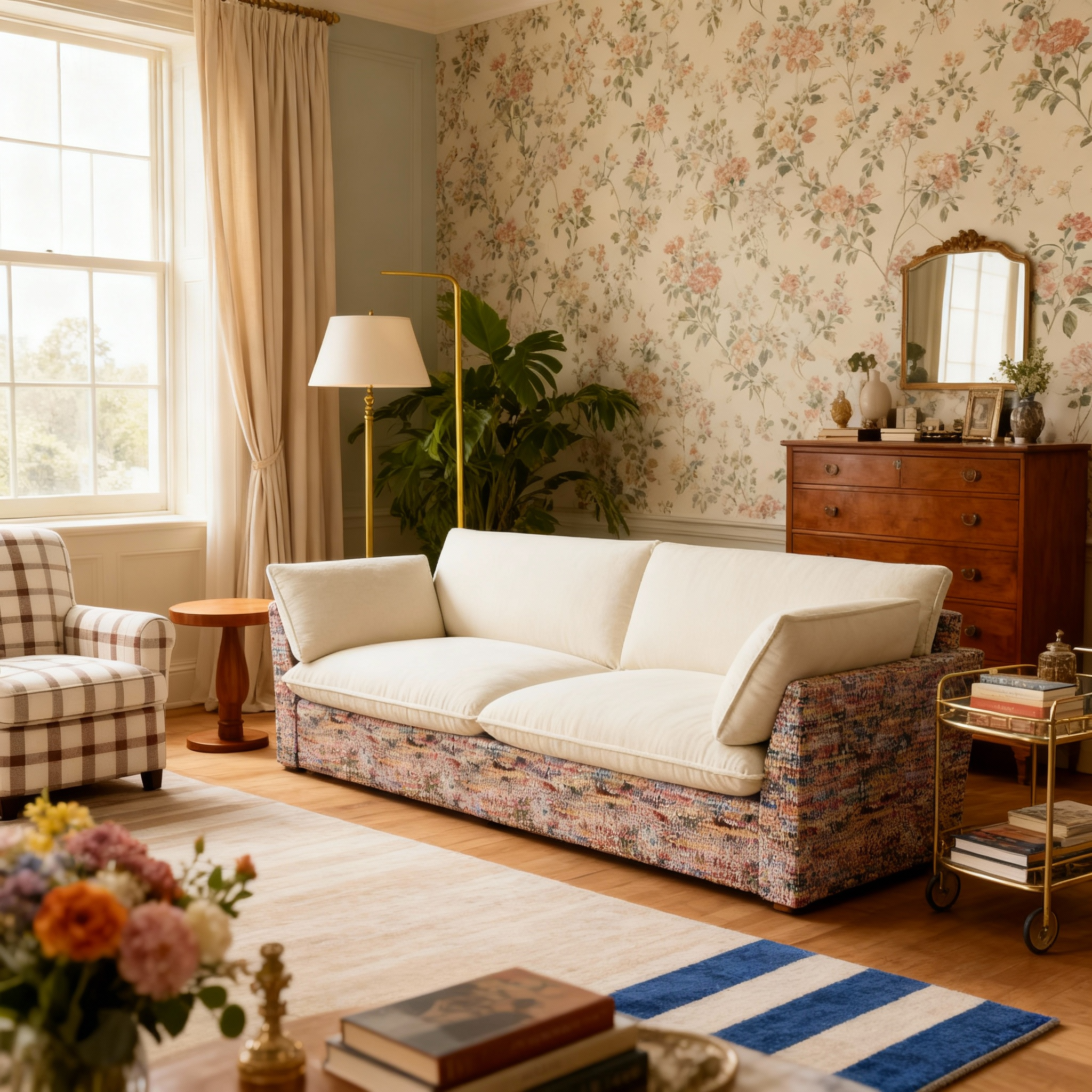 British Retro Check & Striped Sofa with Removable Covers