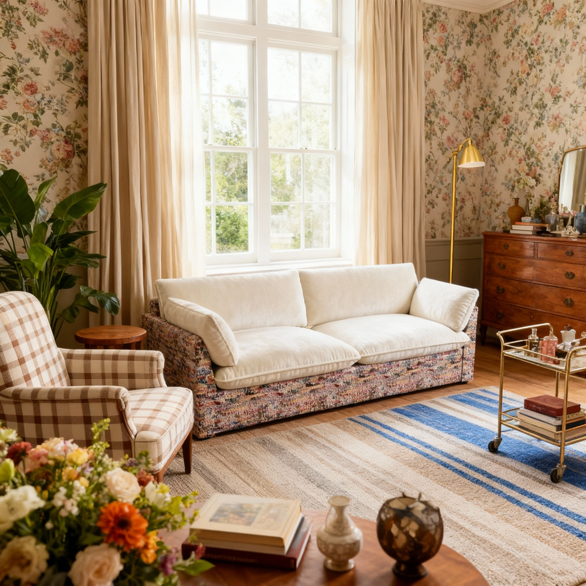 British Retro Check & Striped Sofa with Removable Covers