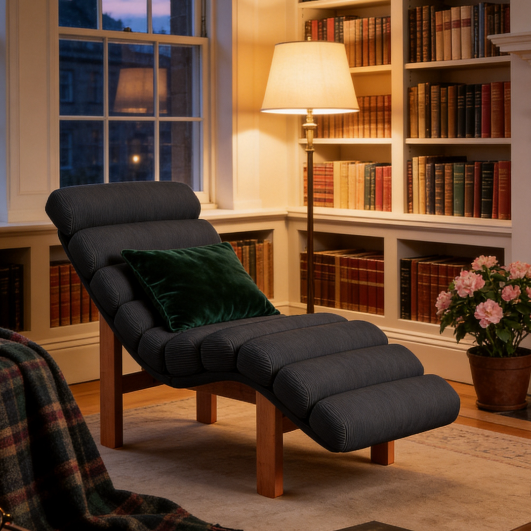 Modern Ergonomic Corduroy Chaise Lounge with Natural Wooden Frame