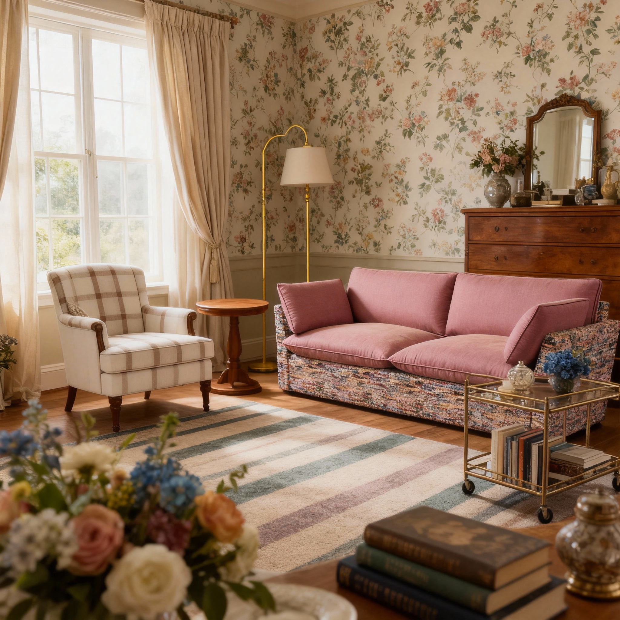 British Retro Check & Striped Sofa with Removable Covers